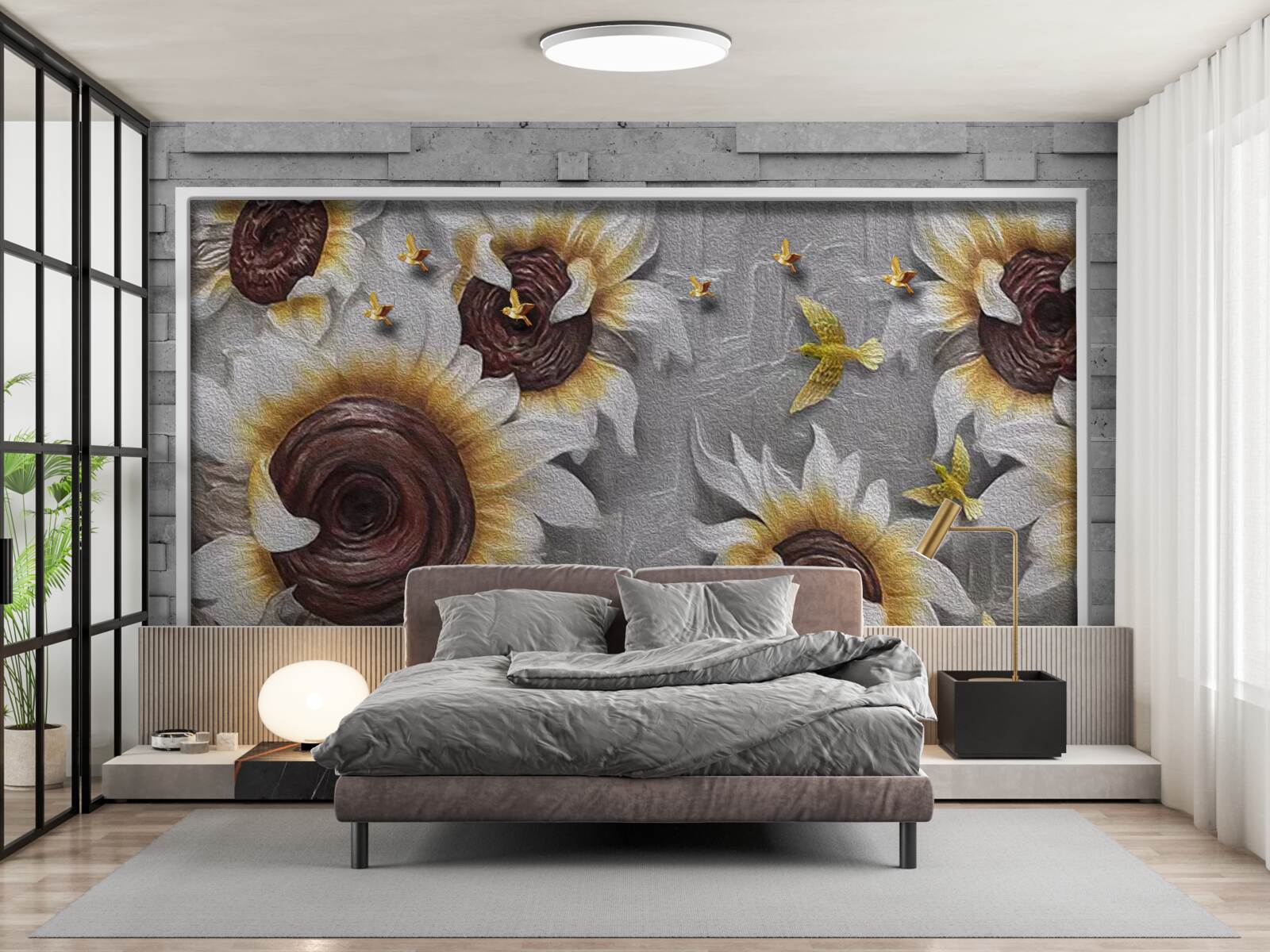 Fotobehang witte zonnebloemen en vlinders