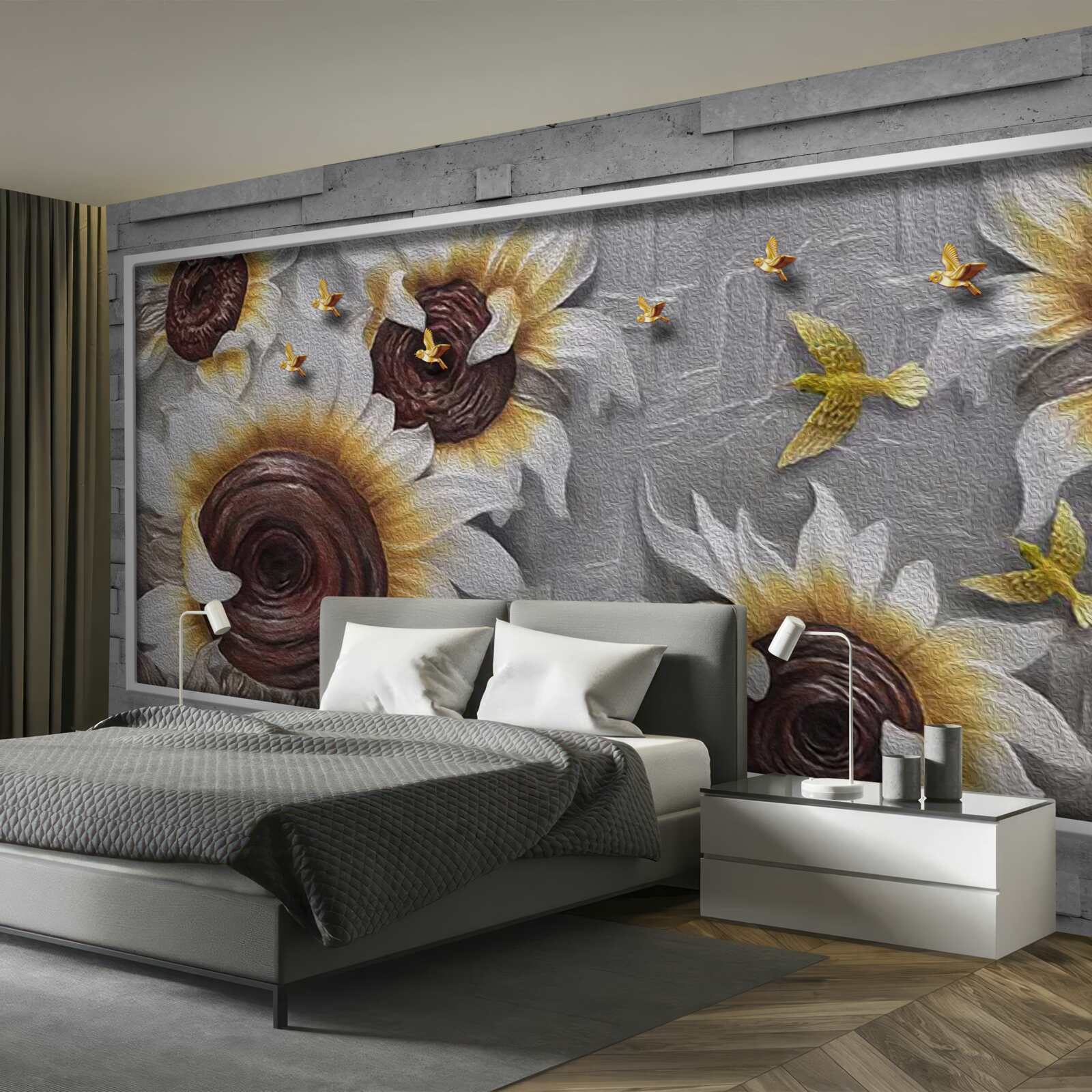 Fotobehang witte zonnebloemen en vlinders