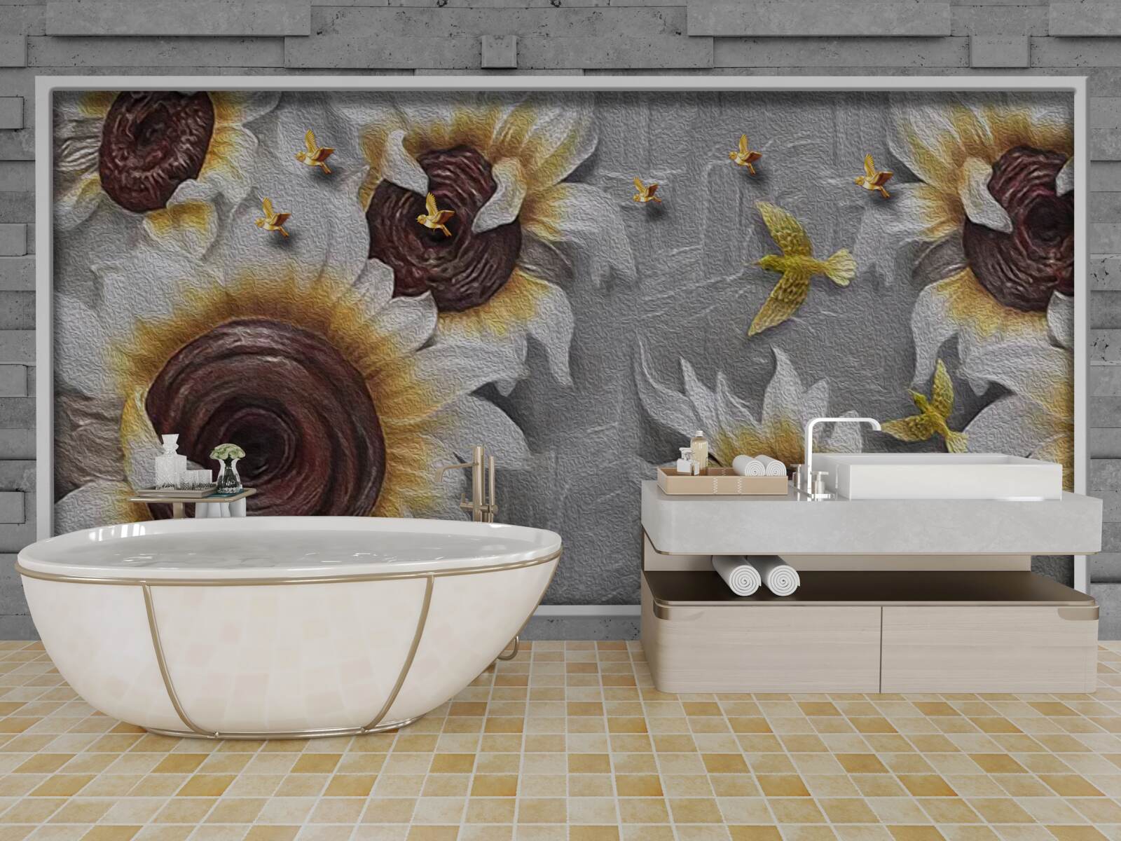 Fotobehang witte zonnebloemen en vlinders