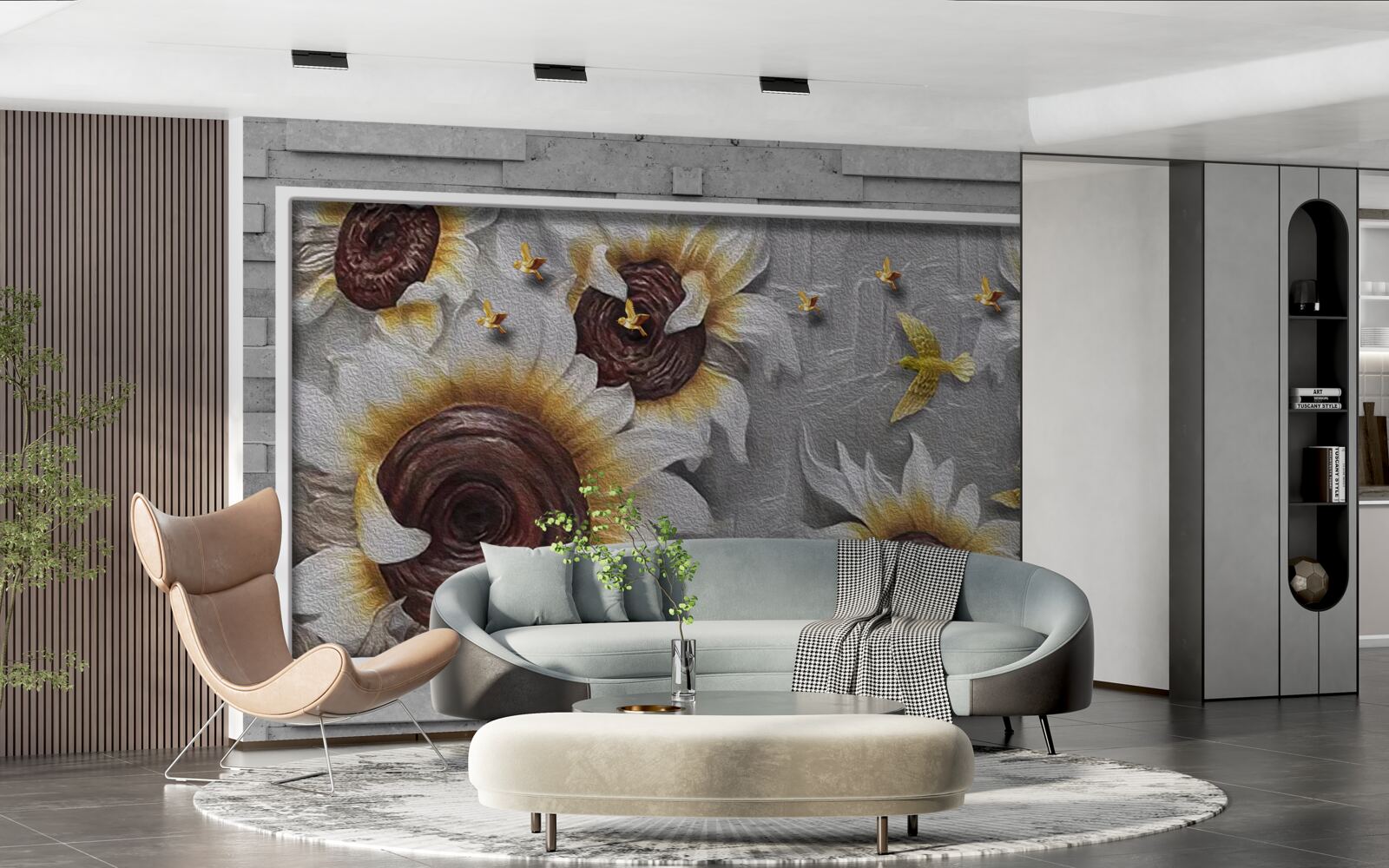 Fotobehang witte zonnebloemen en vlinders