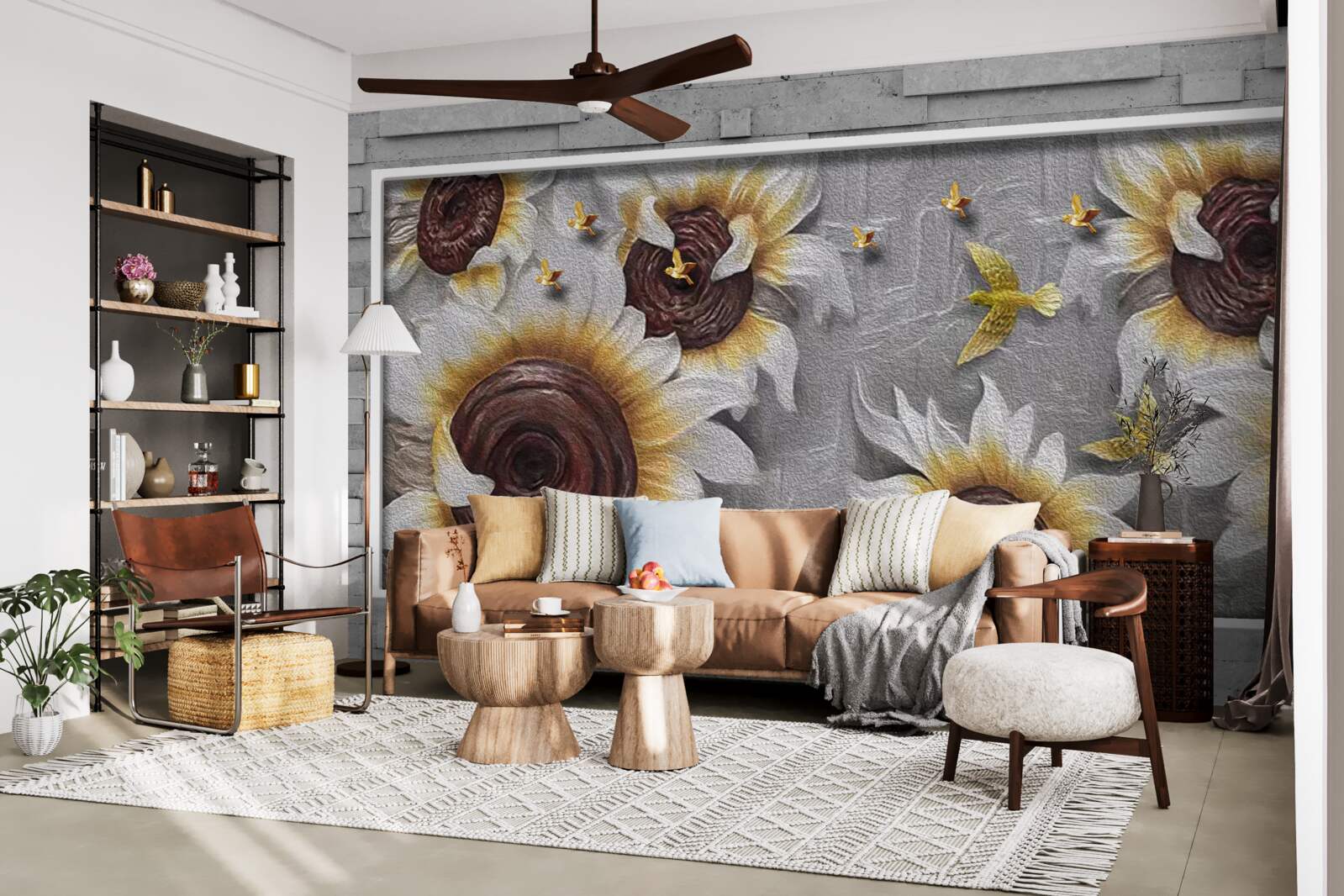 Fotobehang witte zonnebloemen en vlinders