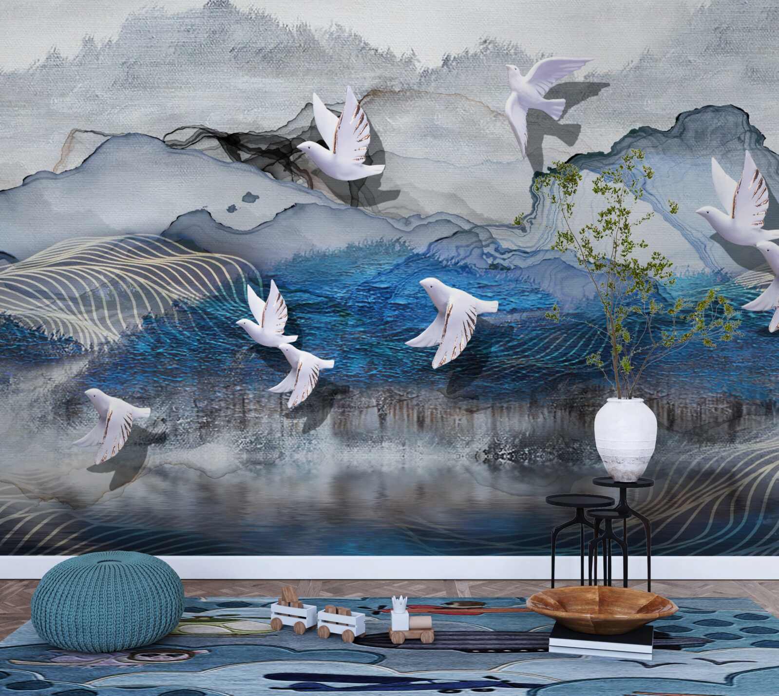 Fotobehang Zwanen vliegen boven de storm