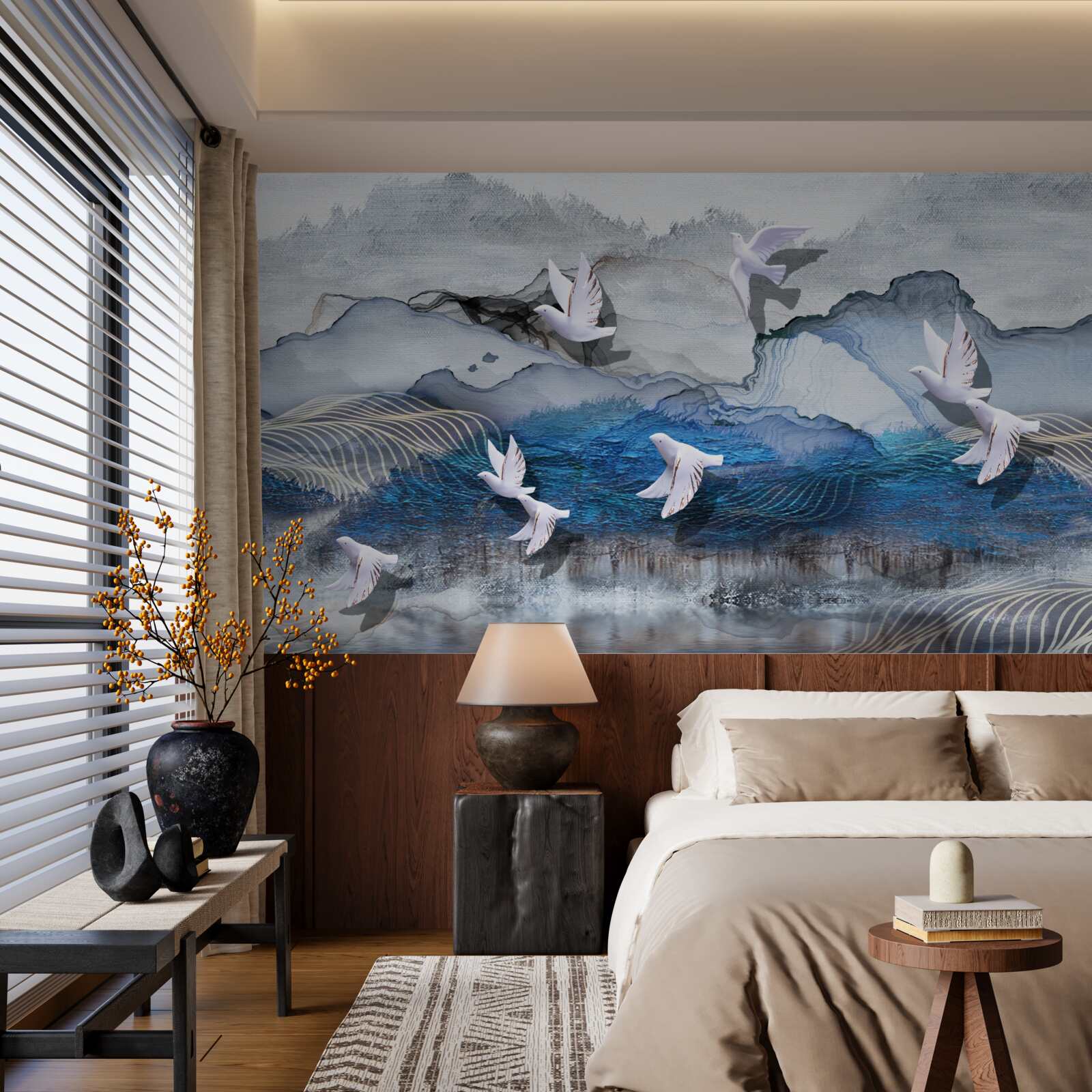 Fotobehang Zwanen vliegen boven de storm