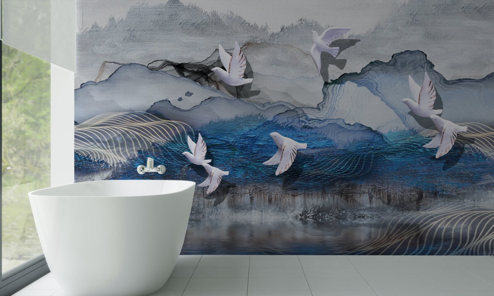 Fotobehang Zwanen vliegen boven de storm