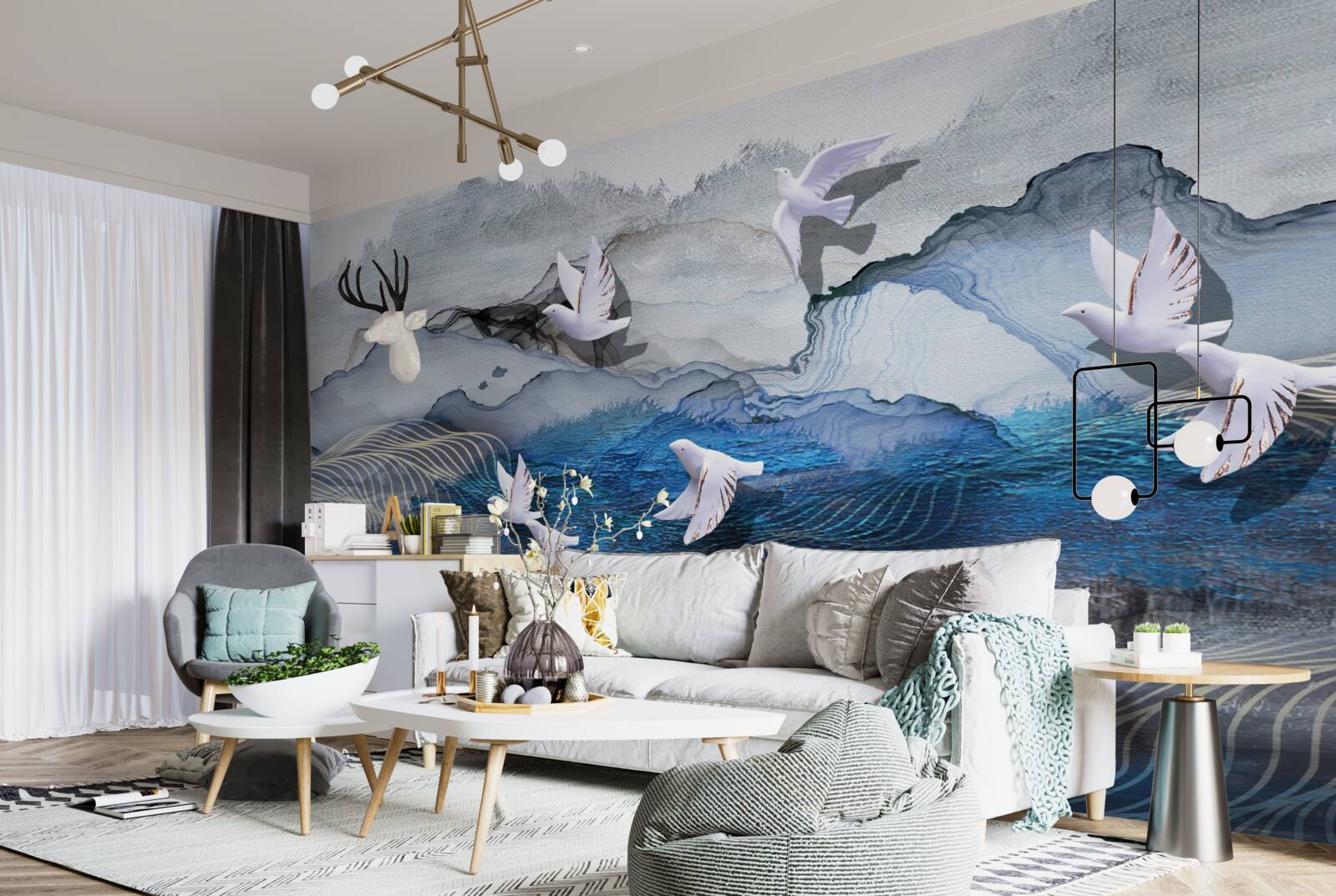 Fotobehang Zwanen vliegen boven de storm