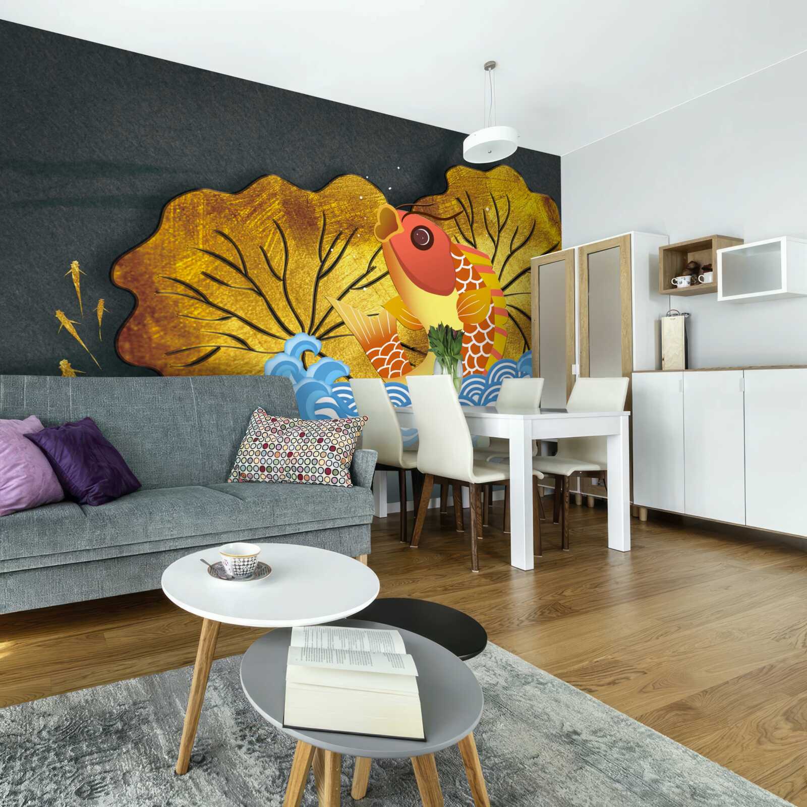 Fotobehang herfstbladeren en vissen in het water