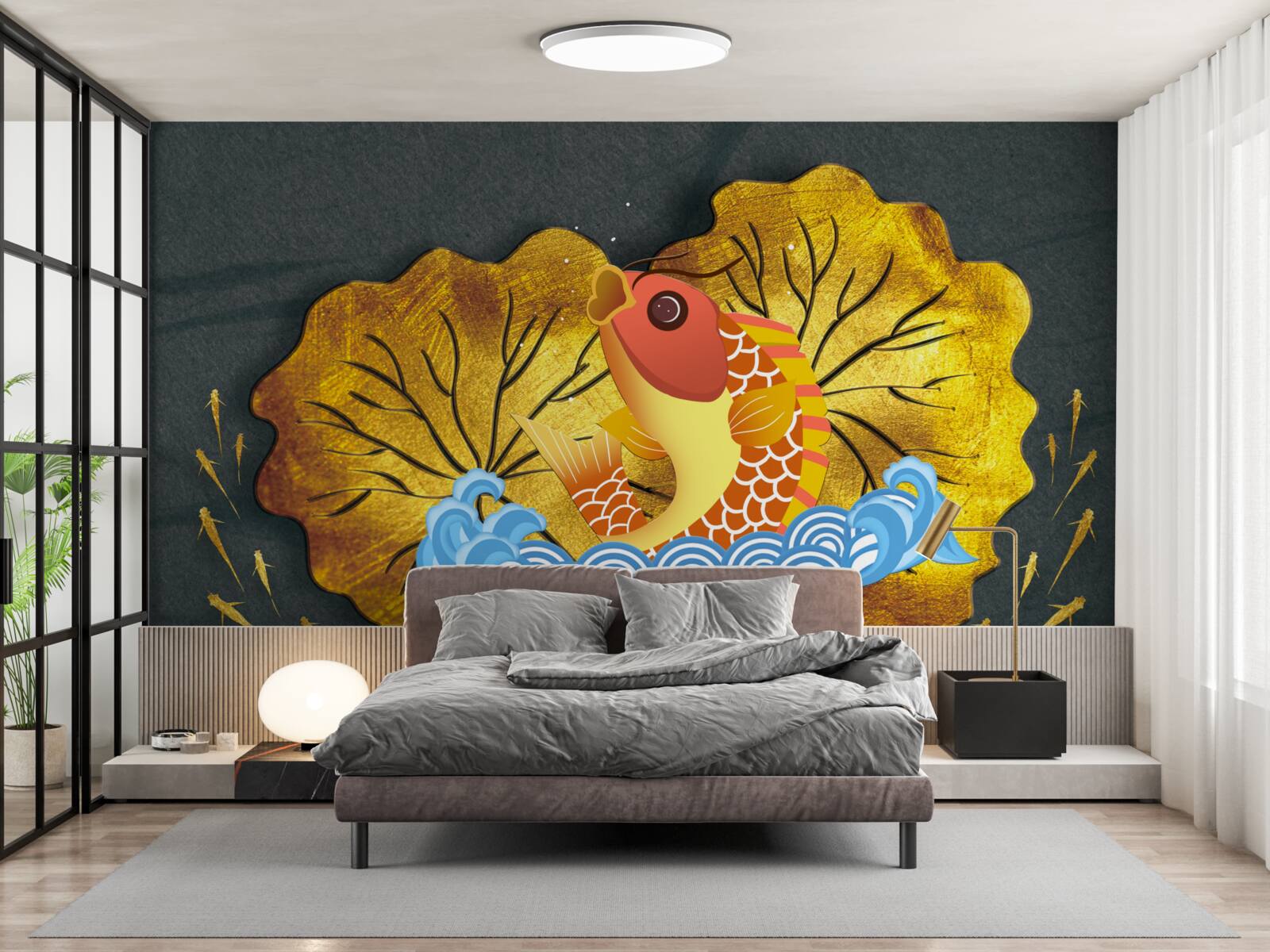 Fotobehang herfstbladeren en vissen in het water