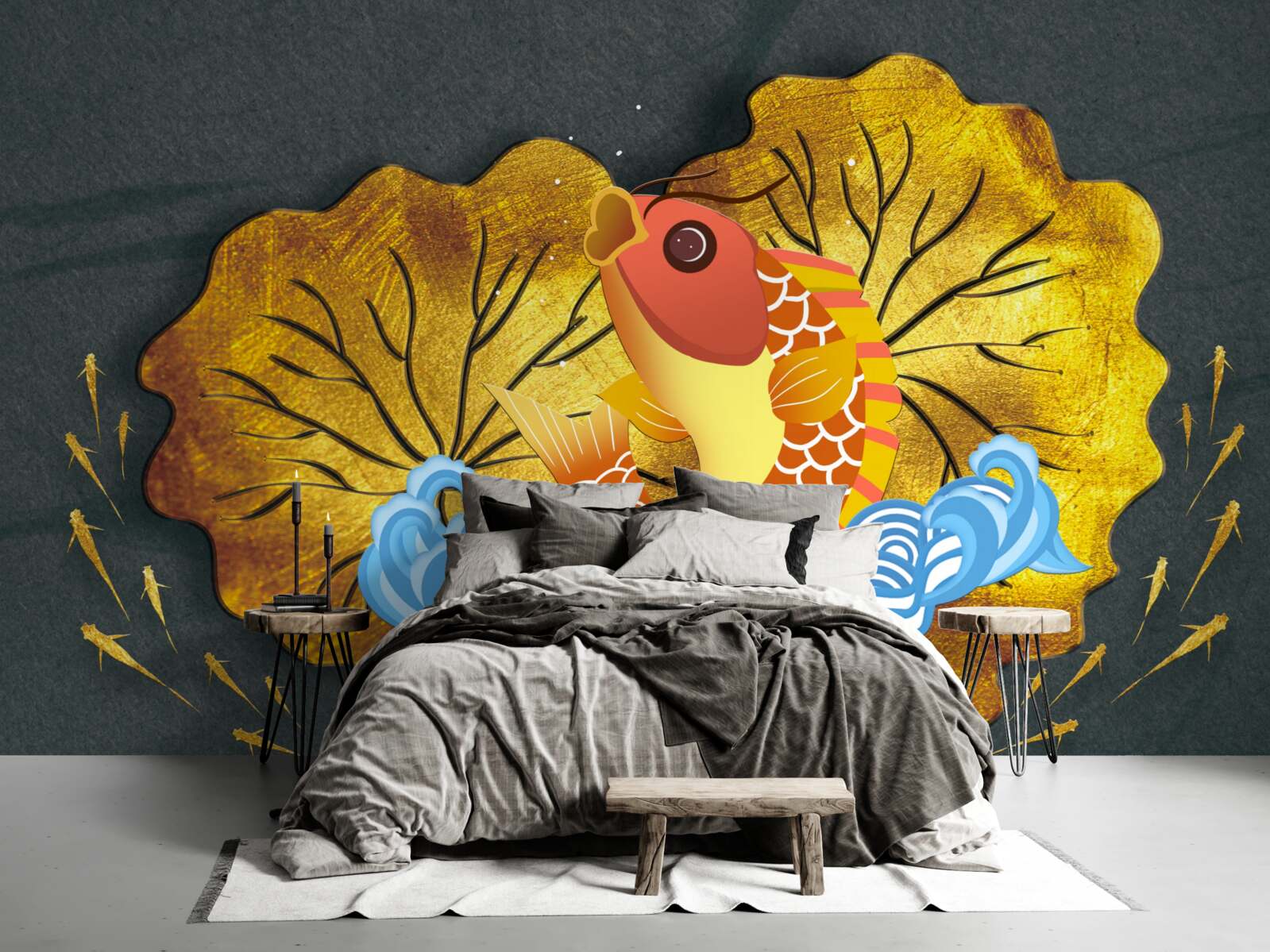 Fotobehang herfstbladeren en vissen in het water