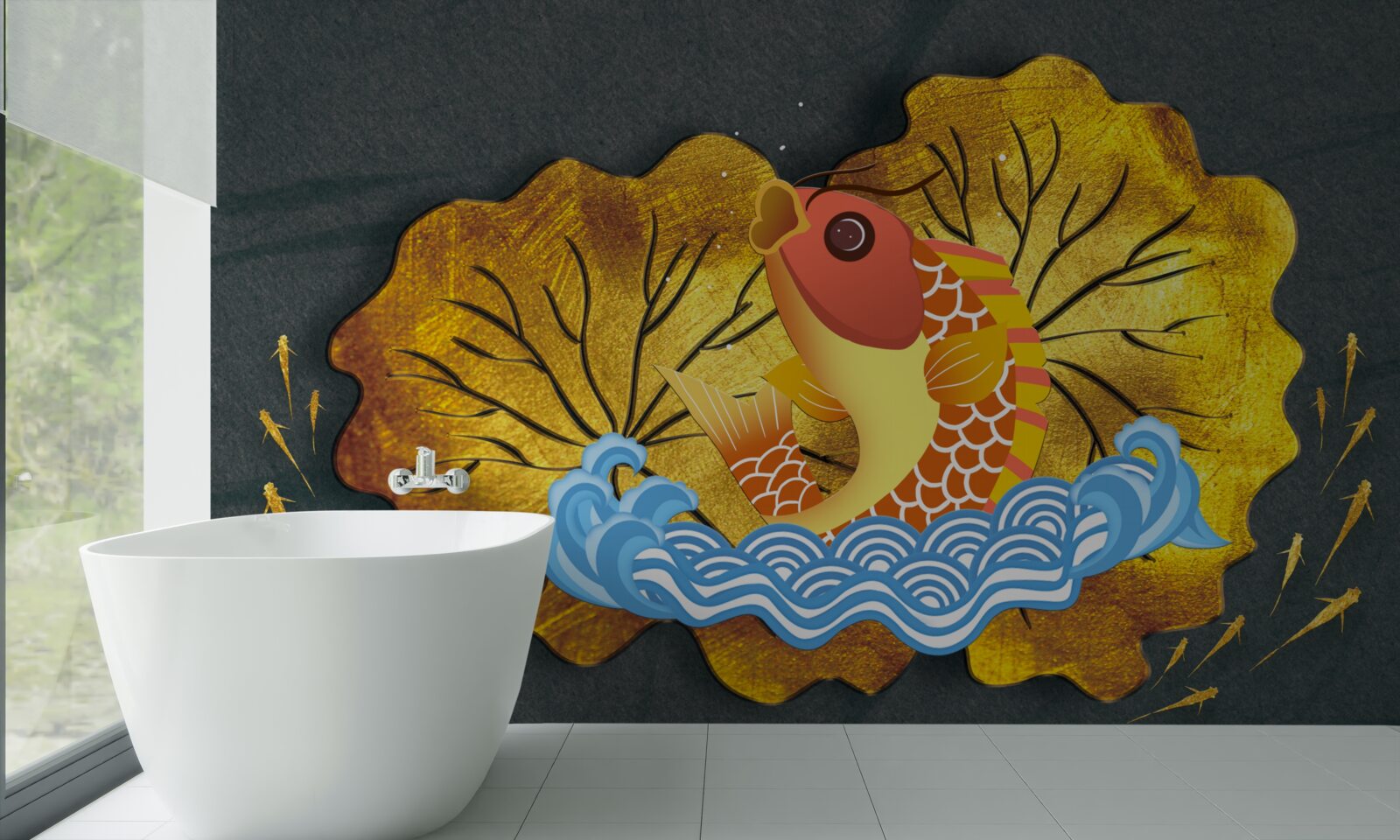 Fotobehang herfstbladeren en vissen in het water