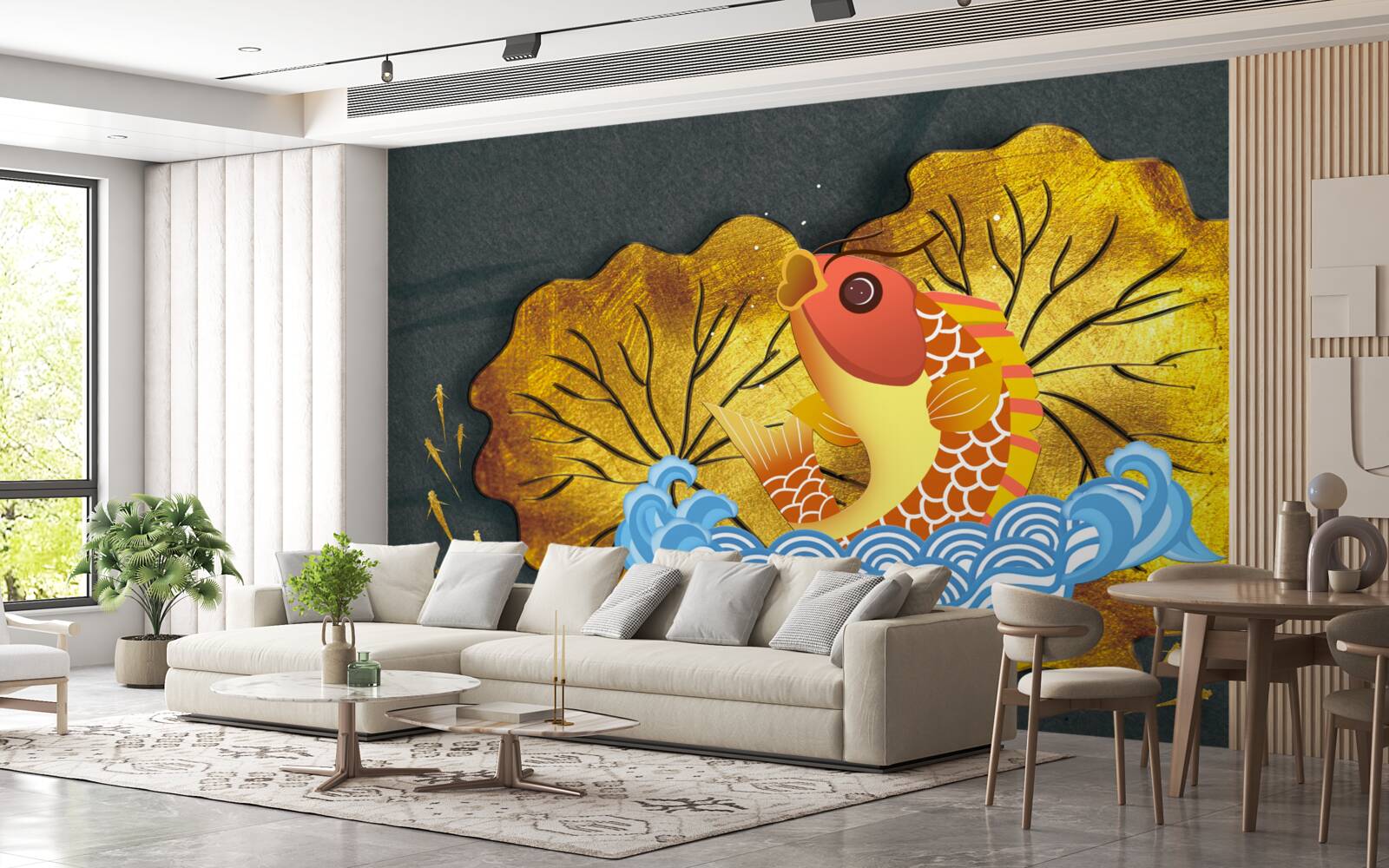 Fotobehang herfstbladeren en vissen in het water