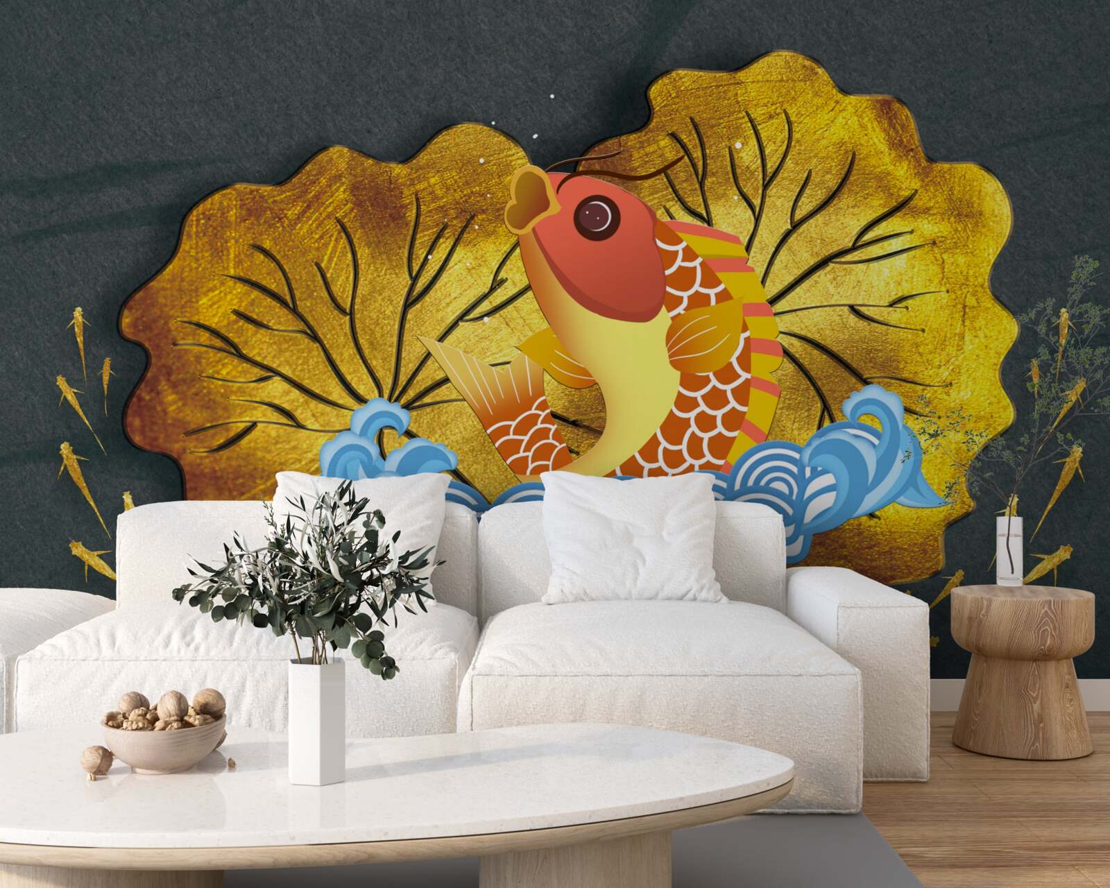 Fotobehang herfstbladeren en vissen in het water