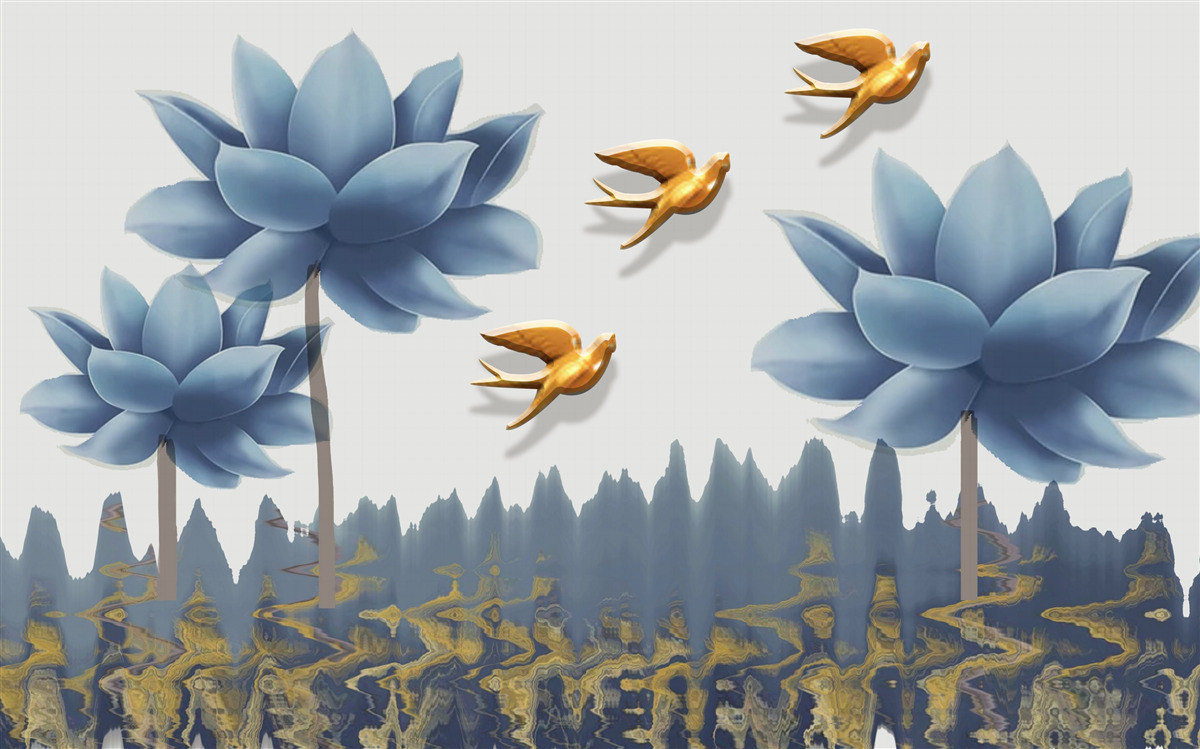 Fotobehang gouden vogels vliegen over een weiland bezaaid met bloemen