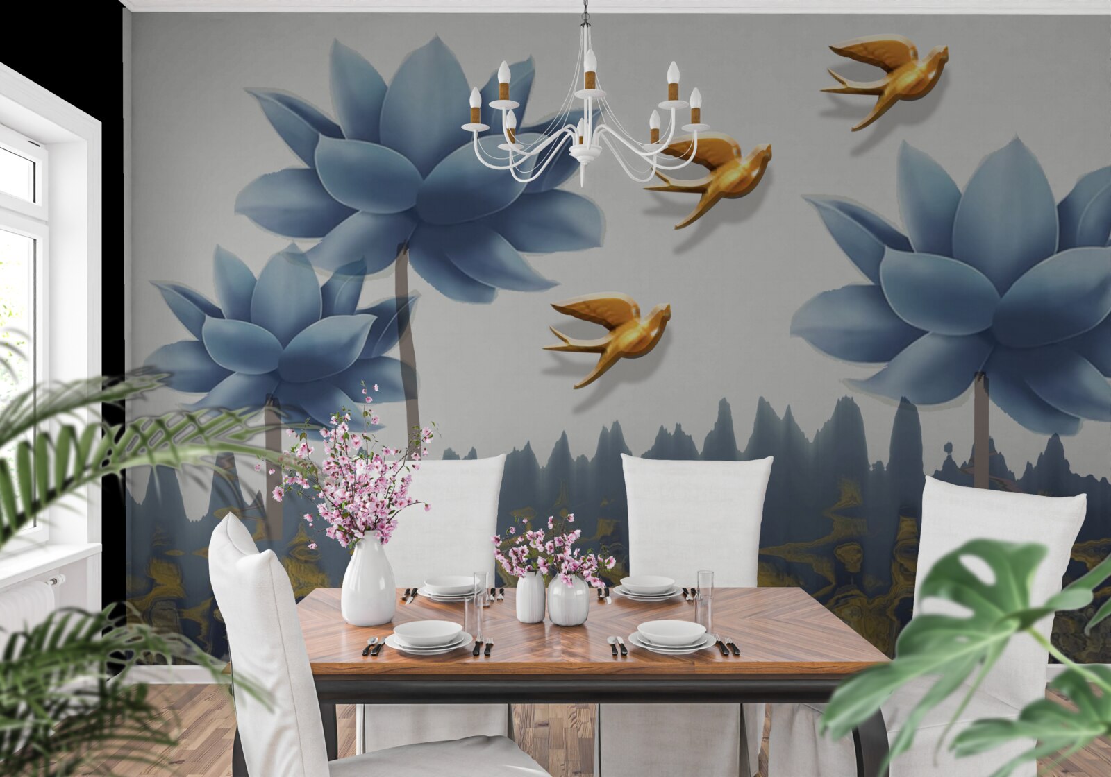 Fotobehang gouden vogels vliegen over een weiland bezaaid met bloemen