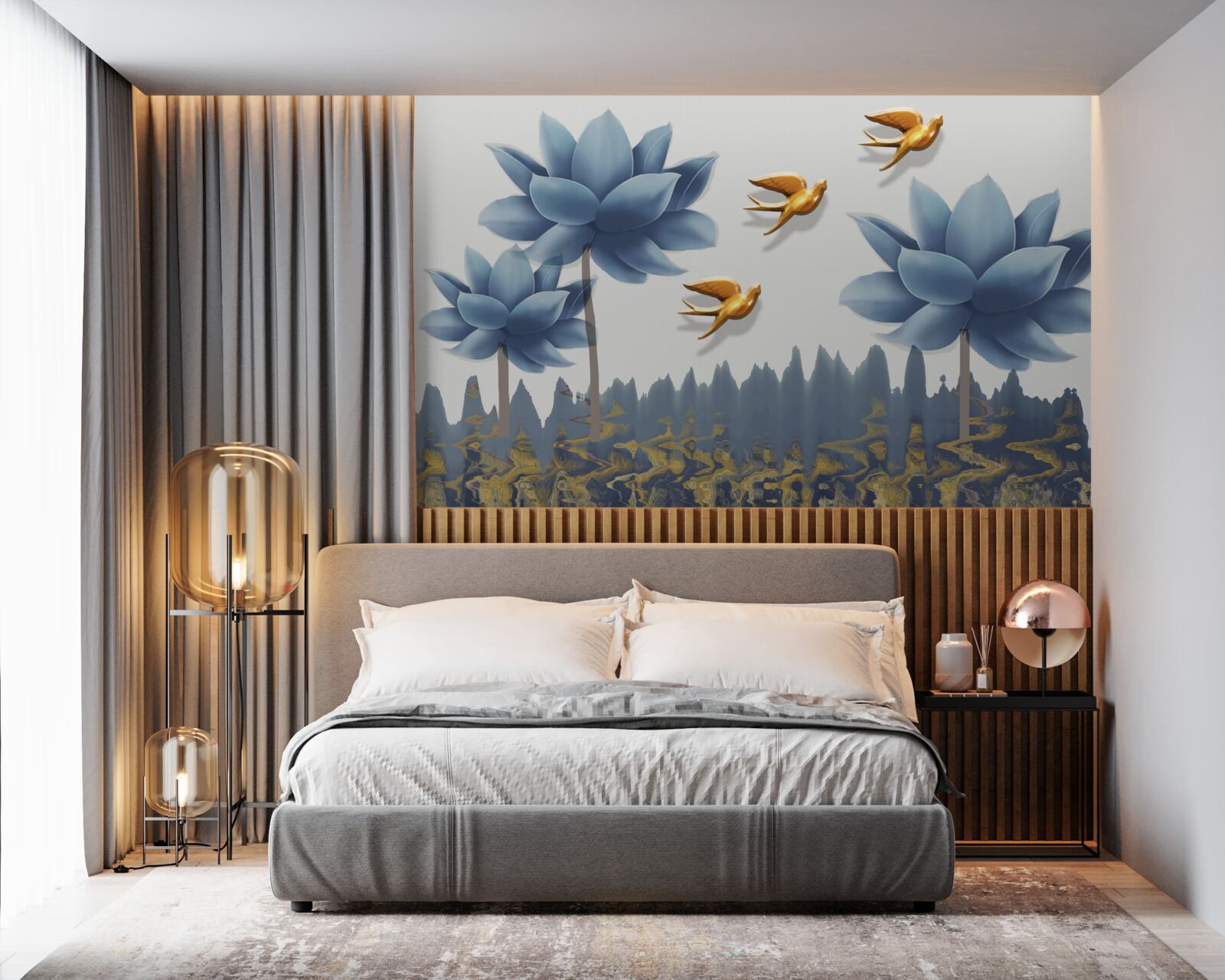 Fotobehang gouden vogels vliegen over een weiland bezaaid met bloemen