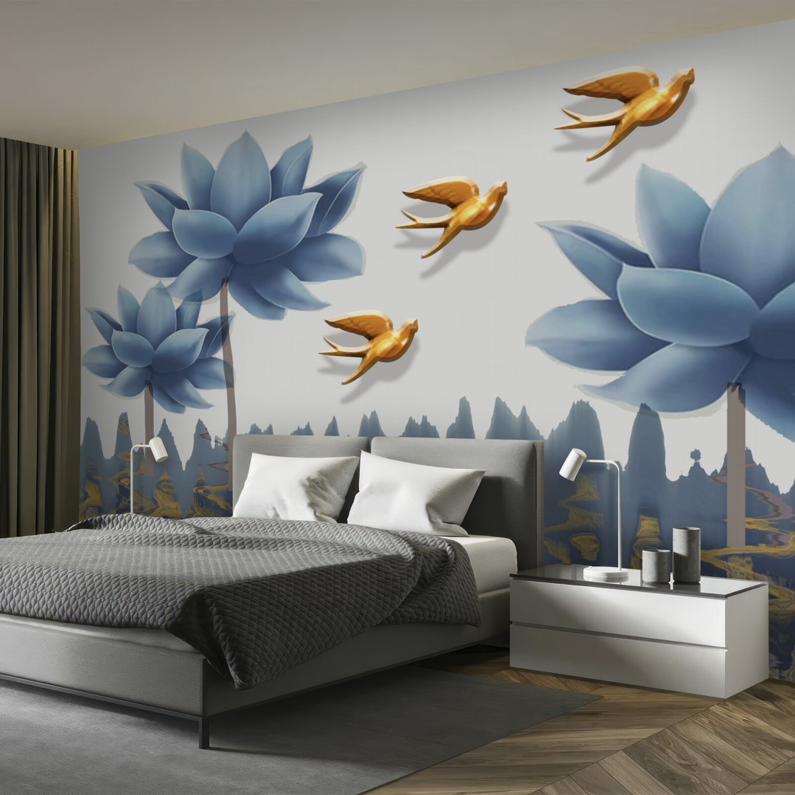 Fotobehang gouden vogels vliegen over een weiland bezaaid met bloemen