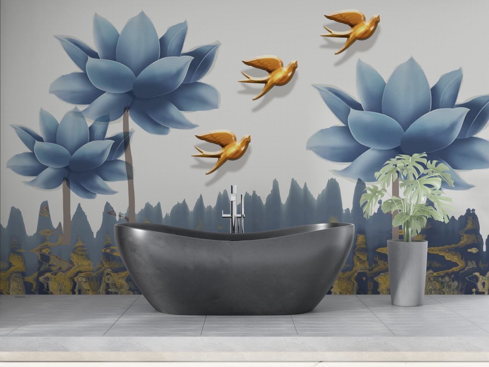 Fotobehang gouden vogels vliegen over een weiland bezaaid met bloemen