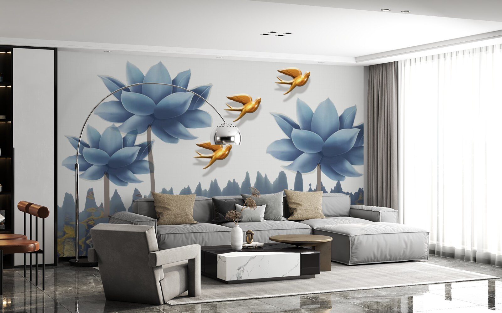 Fotobehang gouden vogels vliegen over een weiland bezaaid met bloemen