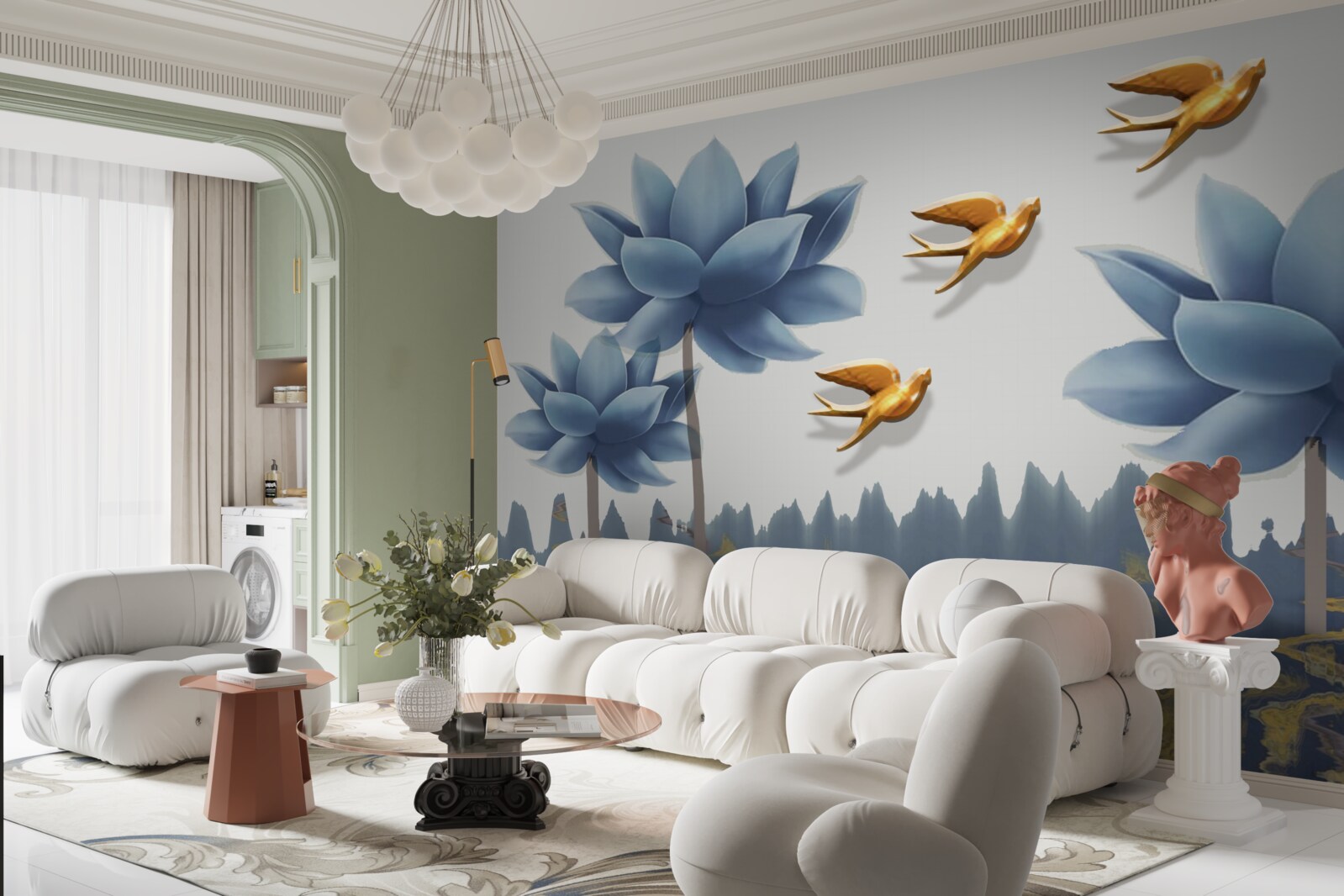 Fotobehang gouden vogels vliegen over een weiland bezaaid met bloemen