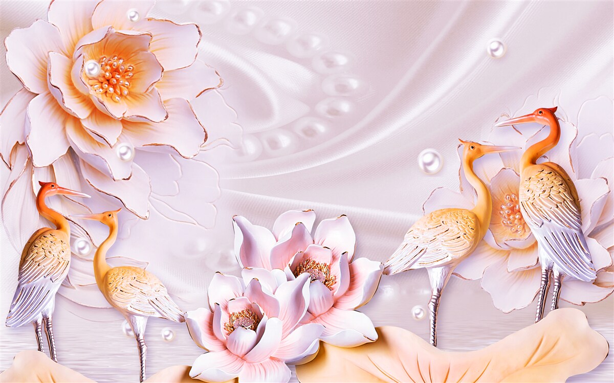 Fotobehang zwerm vogels en scharlaken rozen op zijde