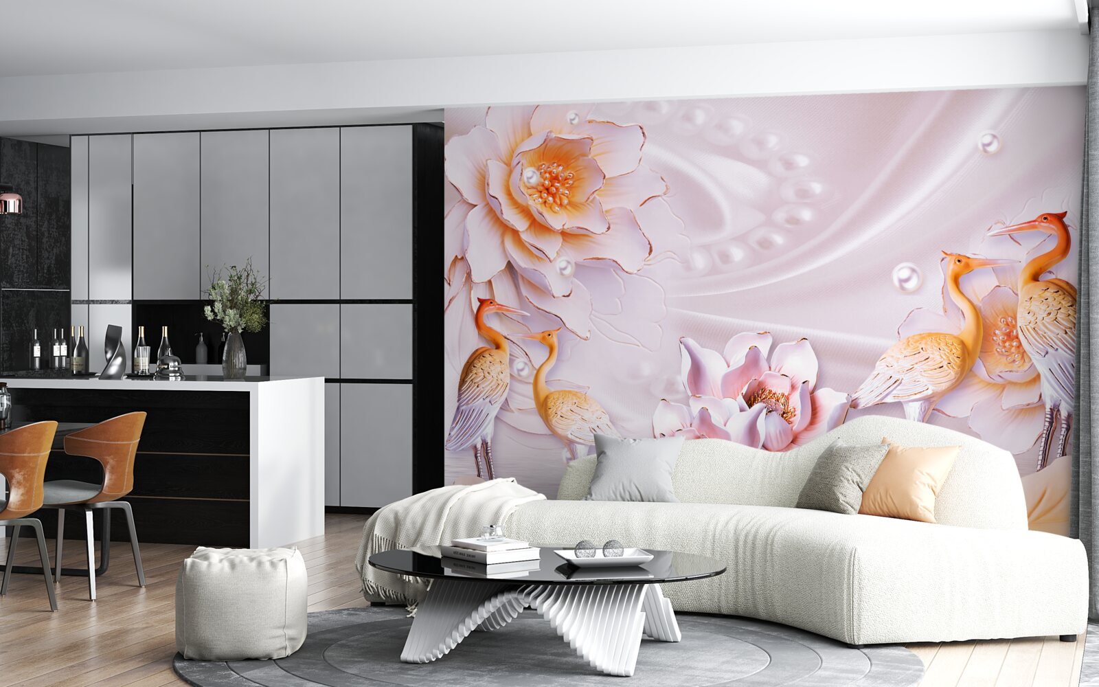 Fotobehang zwerm vogels en scharlaken rozen op zijde