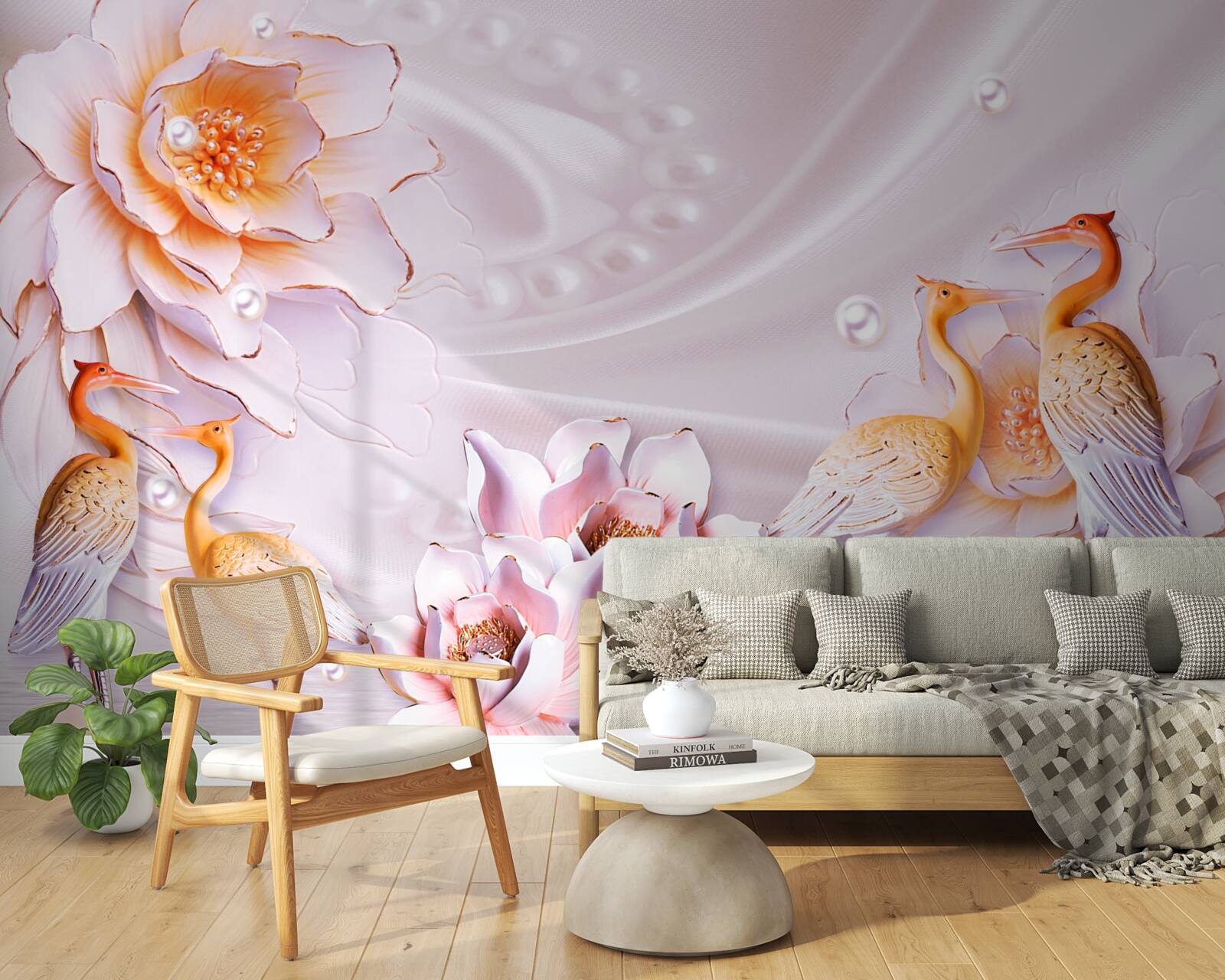 Fotobehang zwerm vogels en scharlaken rozen op zijde