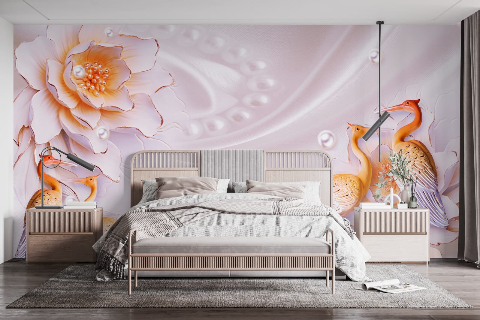 Fotobehang zwerm vogels en scharlaken rozen op zijde