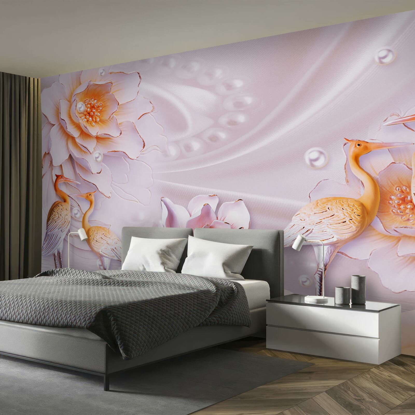 Fotobehang zwerm vogels en scharlaken rozen op zijde