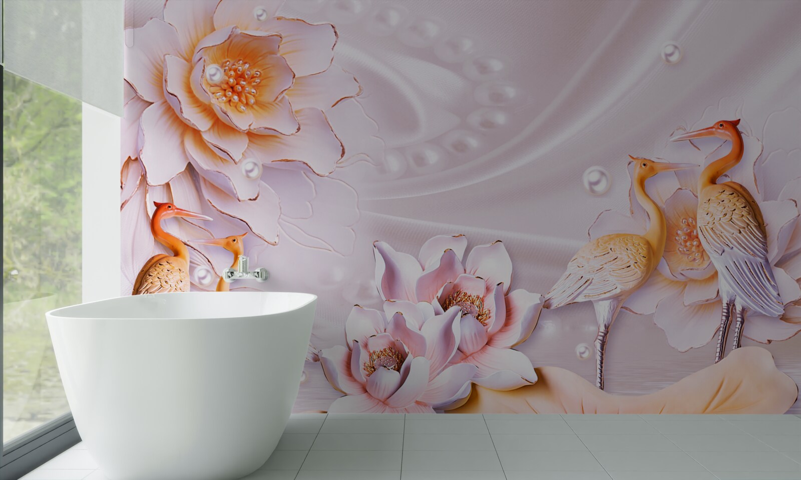 Fotobehang zwerm vogels en scharlaken rozen op zijde