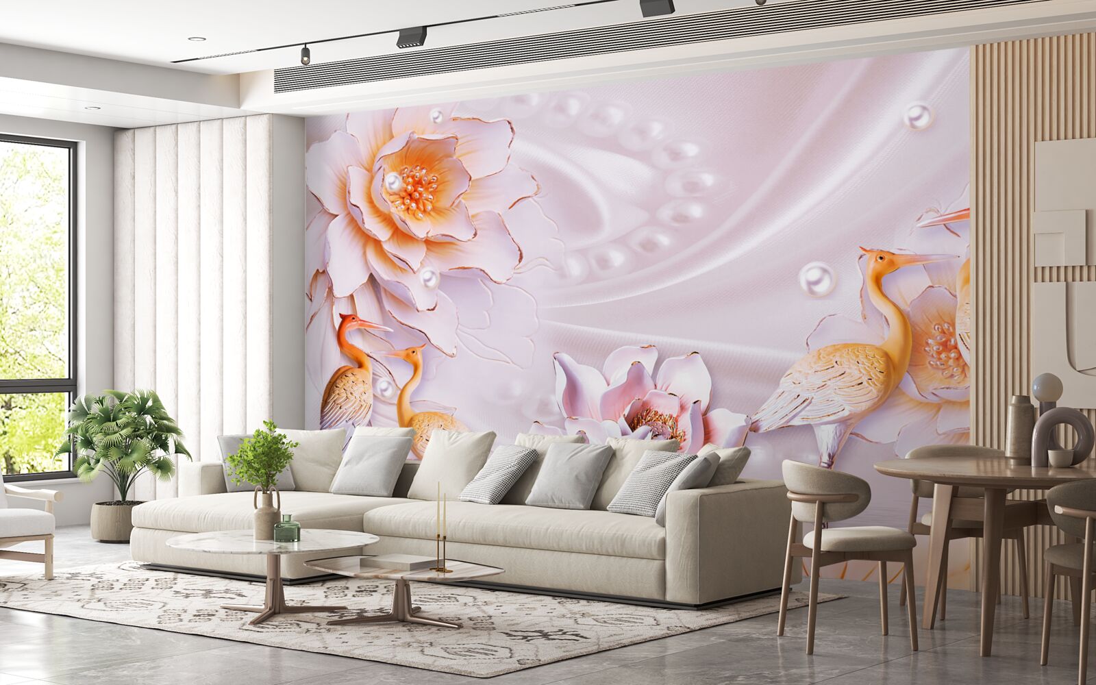 Fotobehang zwerm vogels en scharlaken rozen op zijde