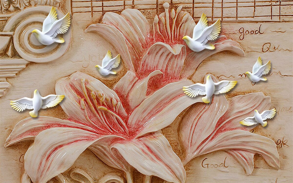 Fotobehang roze lelies en lichte zwanen