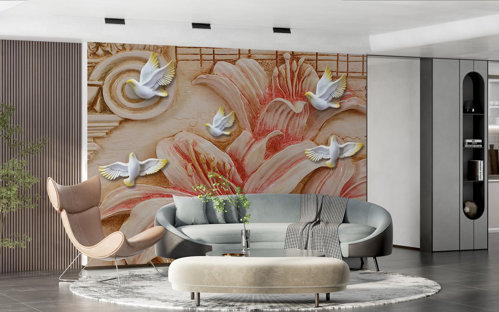 Fotobehang roze lelies en lichte zwanen