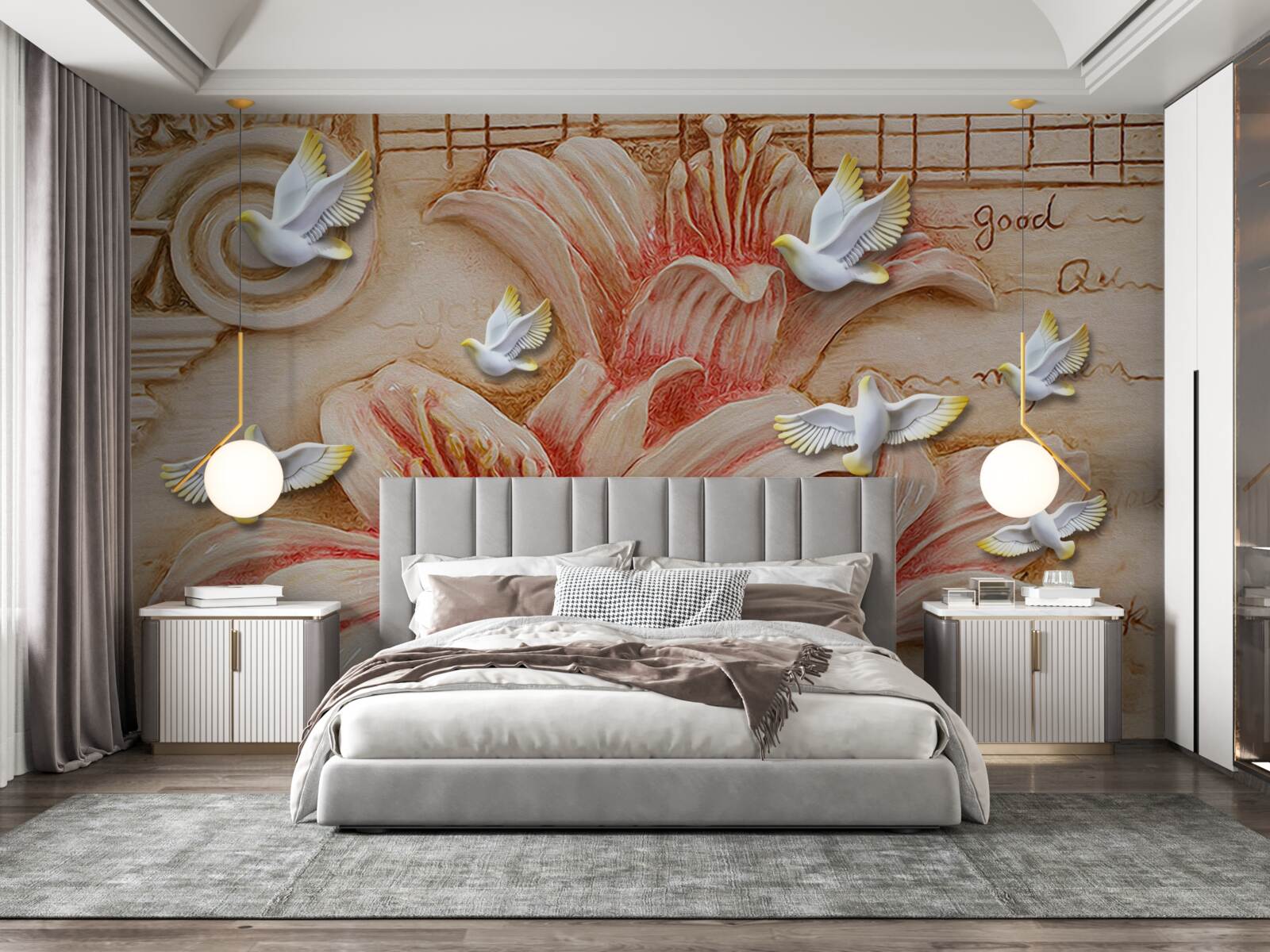 Fotobehang roze lelies en lichte zwanen