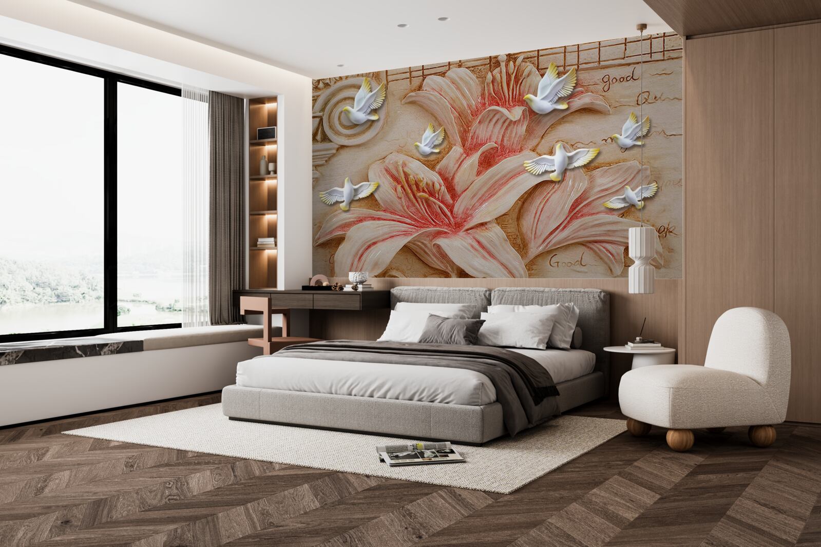 Fotobehang roze lelies en lichte zwanen