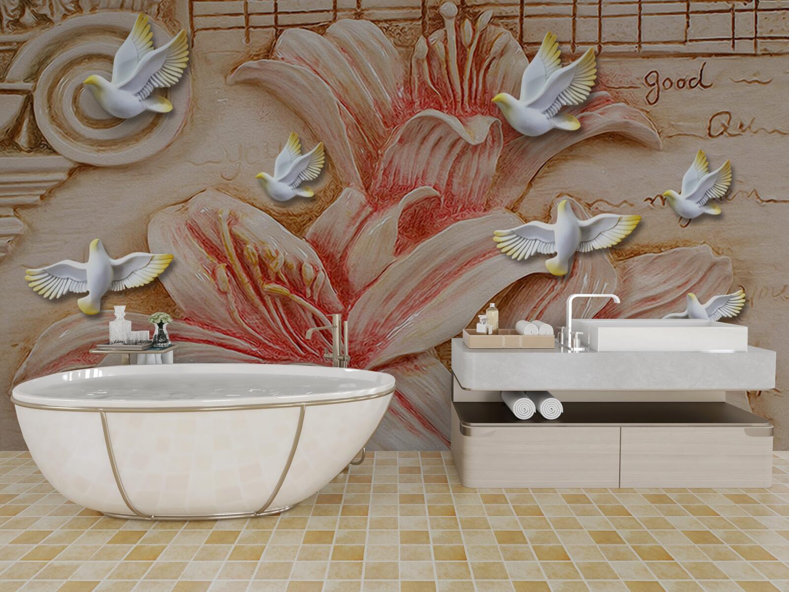 Fotobehang roze lelies en lichte zwanen