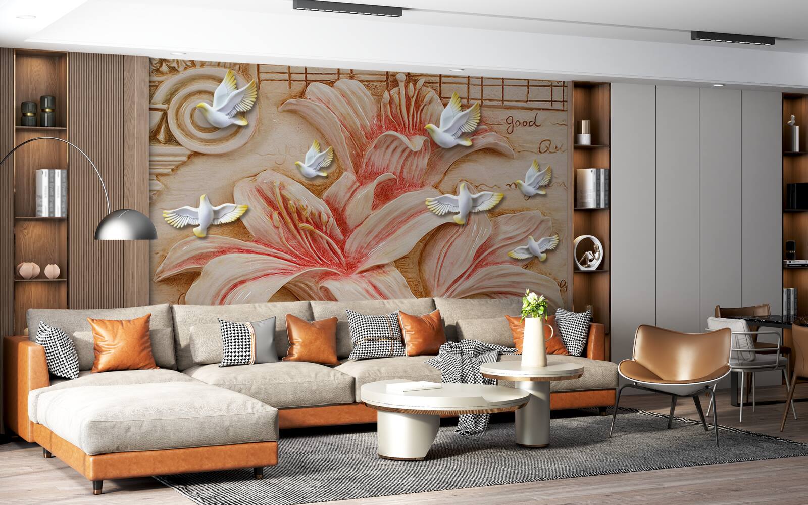 Fotobehang roze lelies en lichte zwanen