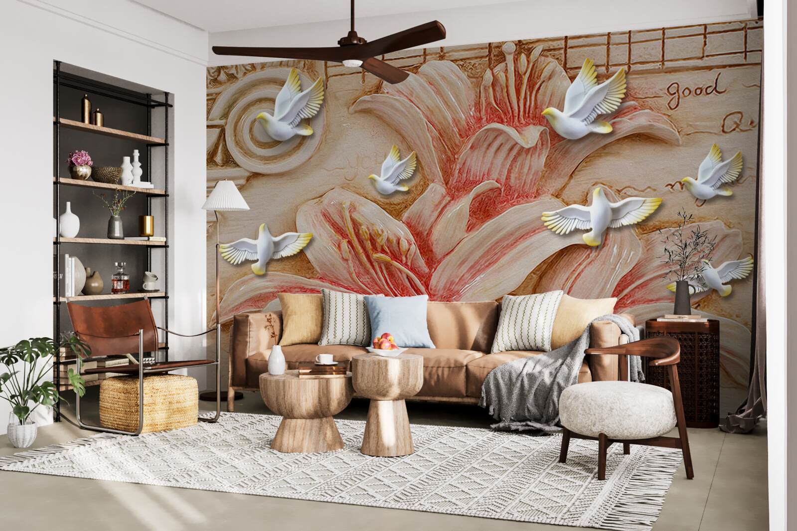 Fotobehang roze lelies en lichte zwanen