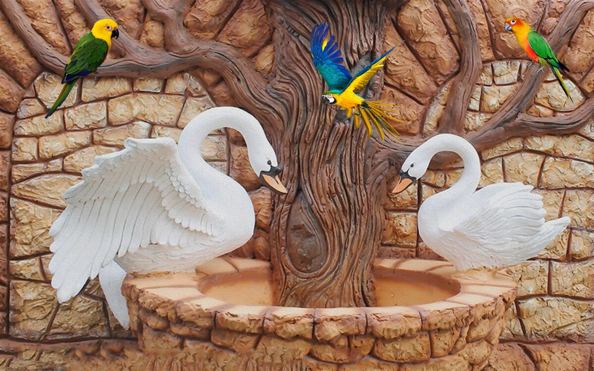 Fotobehang twee zwanen bij een vijver