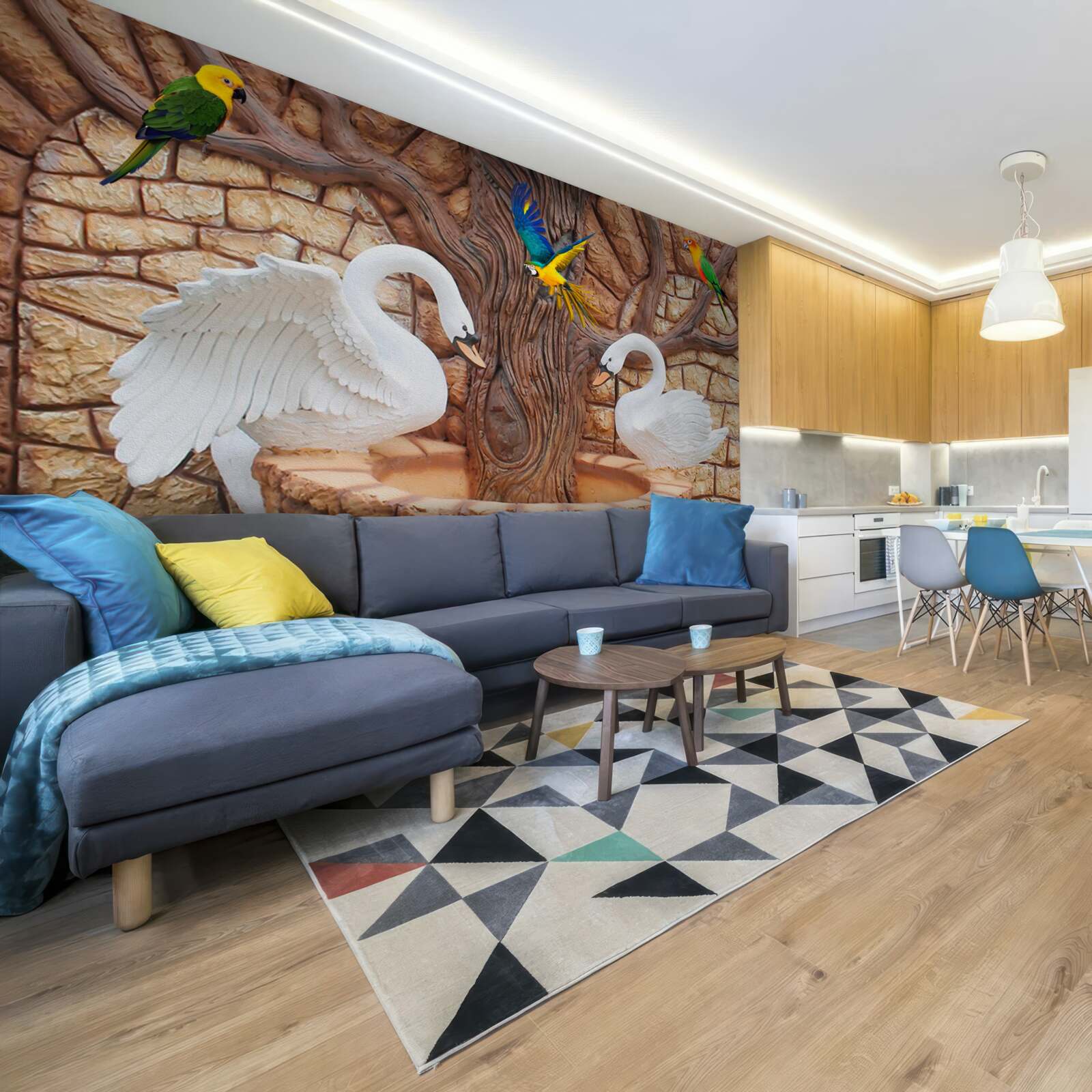 Fotobehang twee zwanen bij een vijver