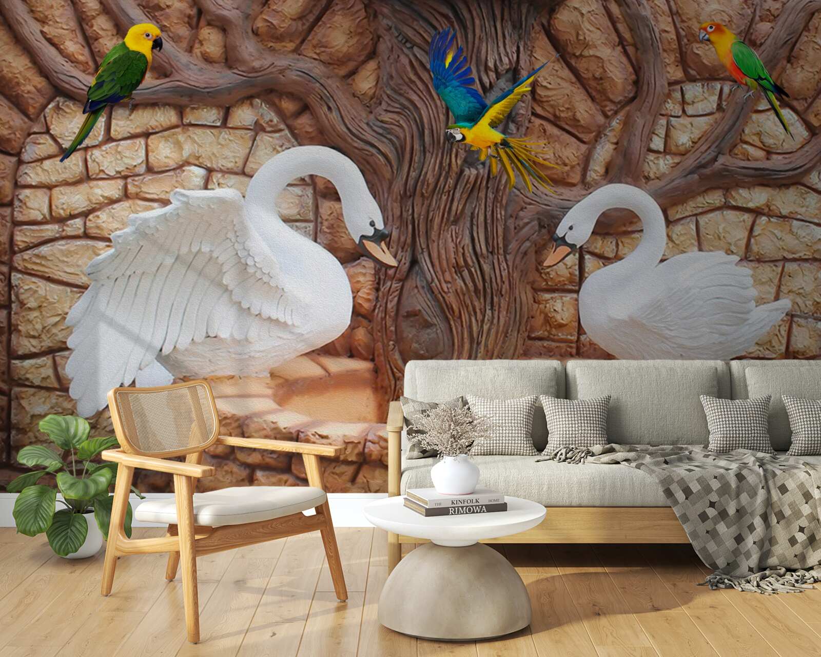 Fotobehang twee zwanen bij een vijver