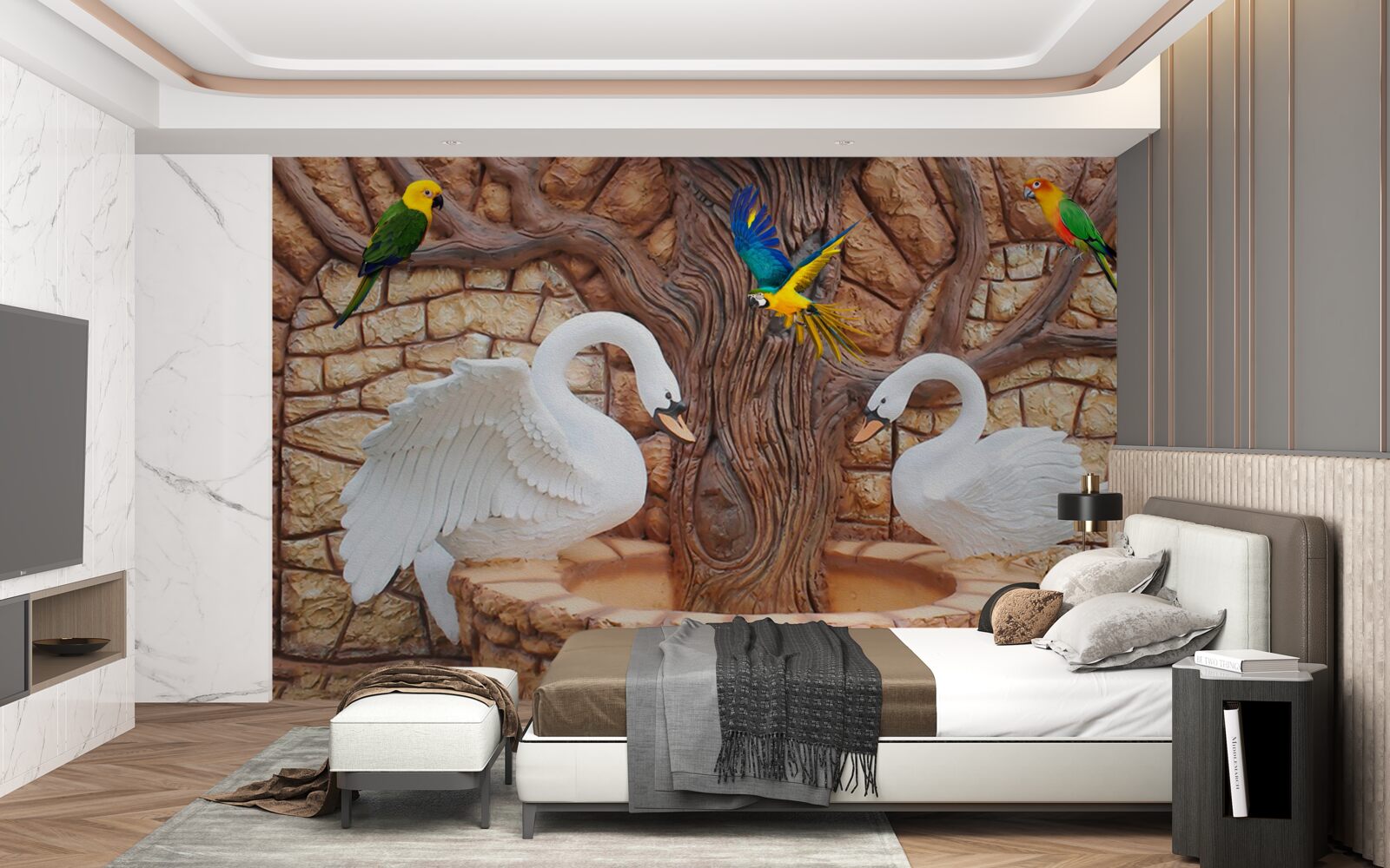 Fotobehang twee zwanen bij een vijver