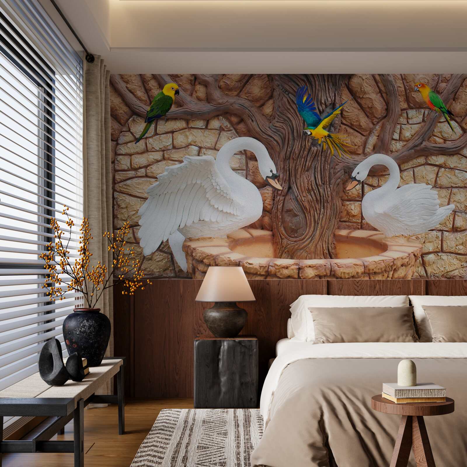 Fotobehang twee zwanen bij een vijver