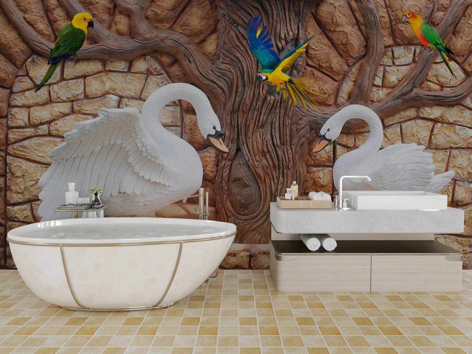 Fotobehang twee zwanen bij een vijver