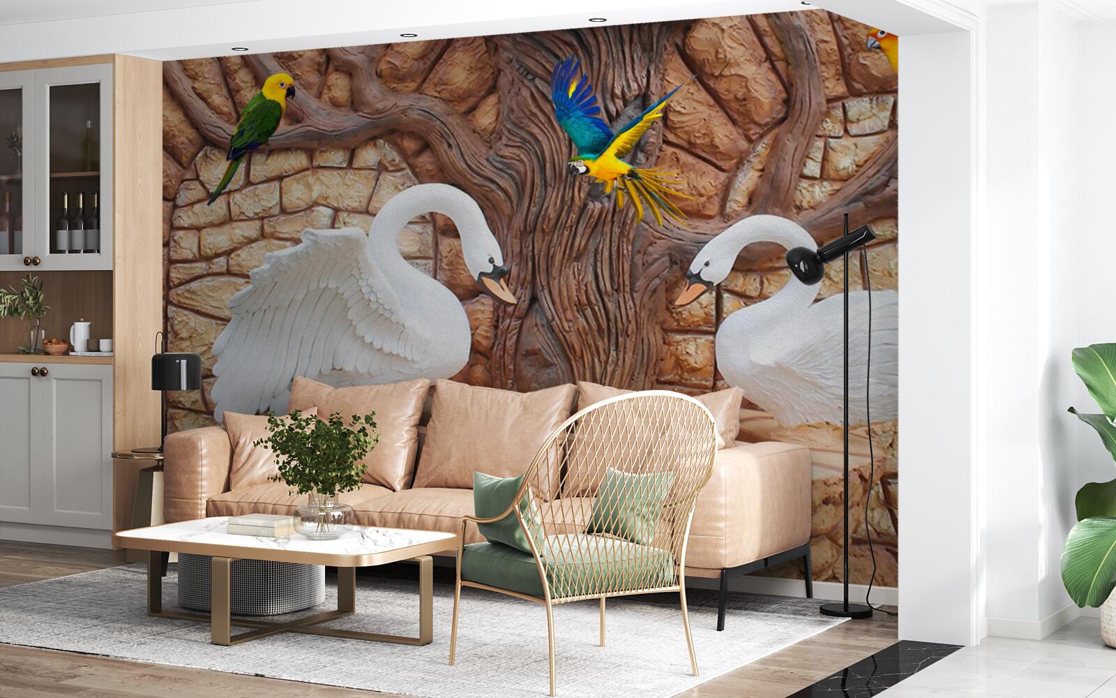 Fotobehang twee zwanen bij een vijver