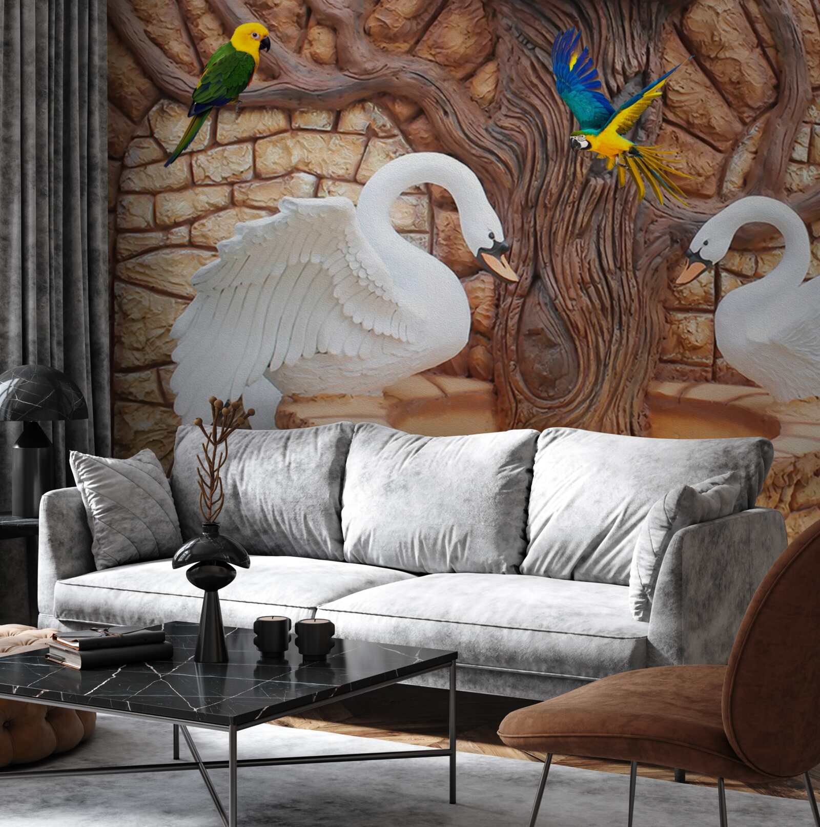 Fotobehang twee zwanen bij een vijver