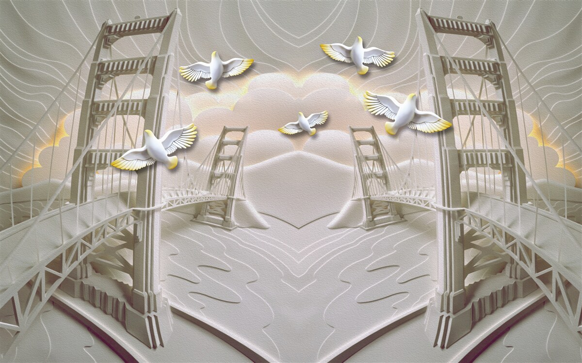 Fotobehang weerspiegeling van zwanen over bruggen