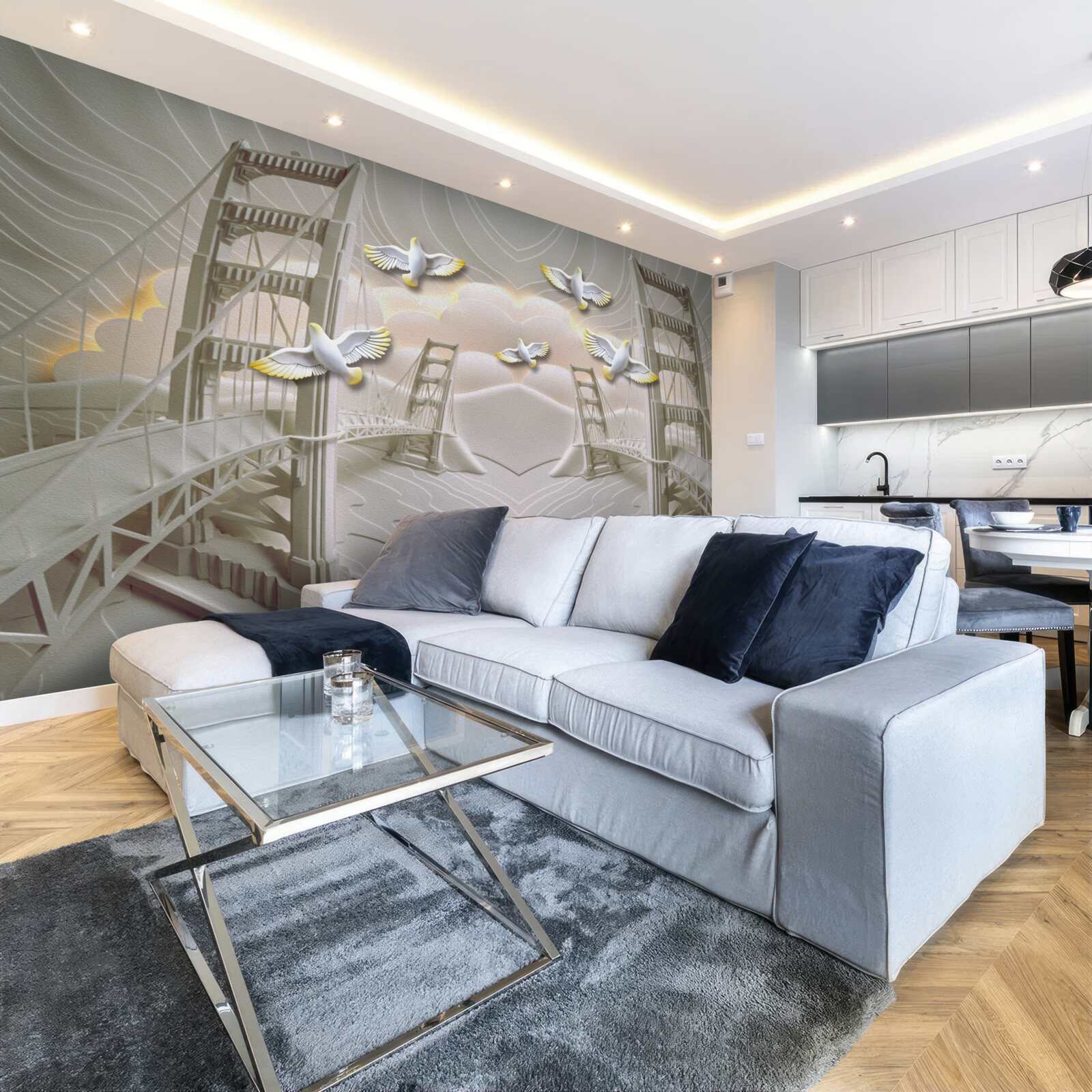 Fotobehang weerspiegeling van zwanen over bruggen