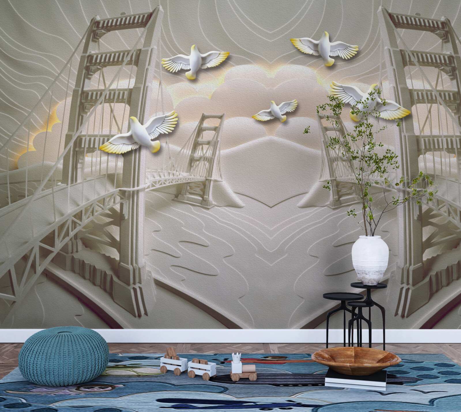 Fotobehang weerspiegeling van zwanen over bruggen