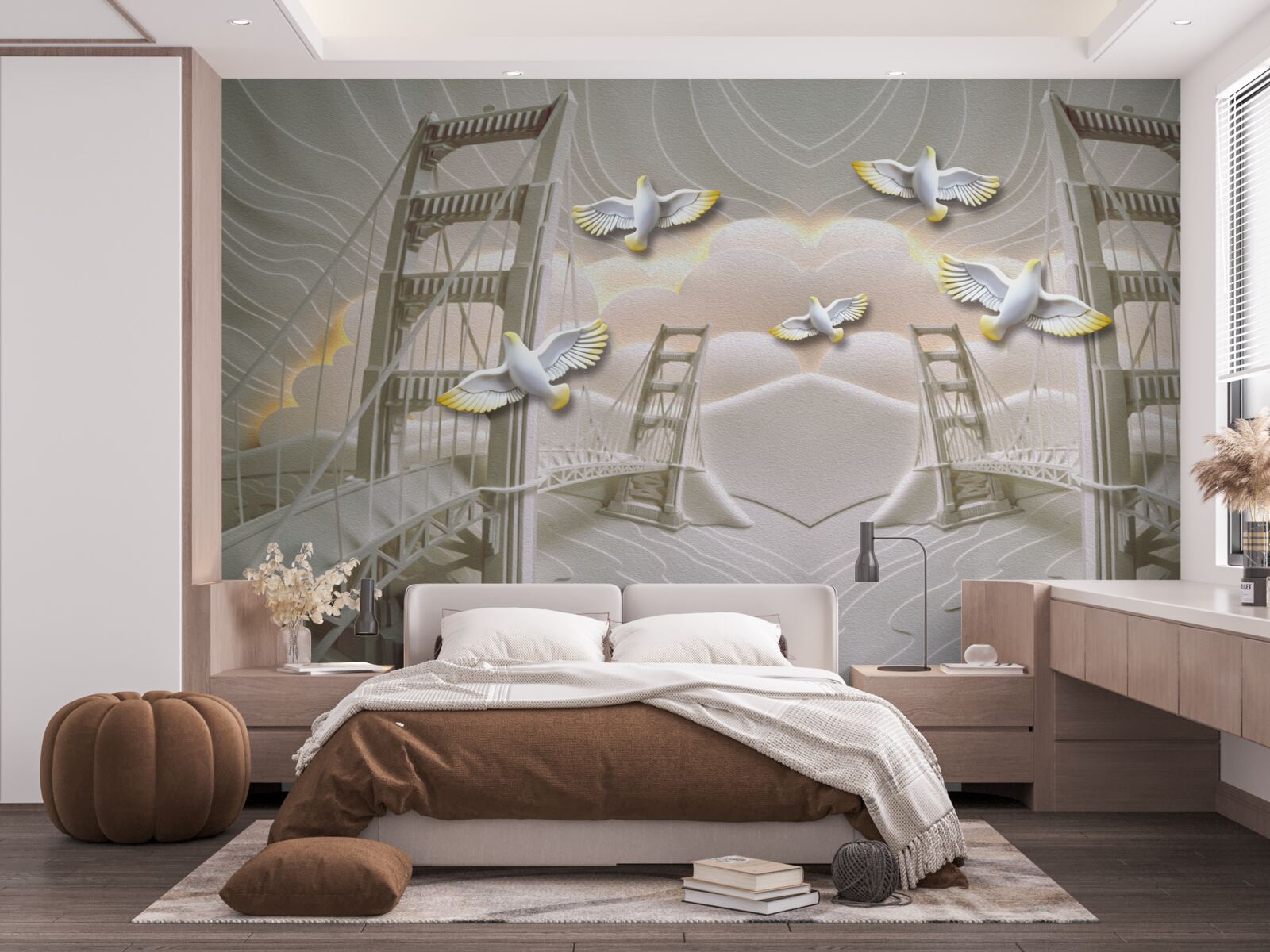 Fotobehang weerspiegeling van zwanen over bruggen