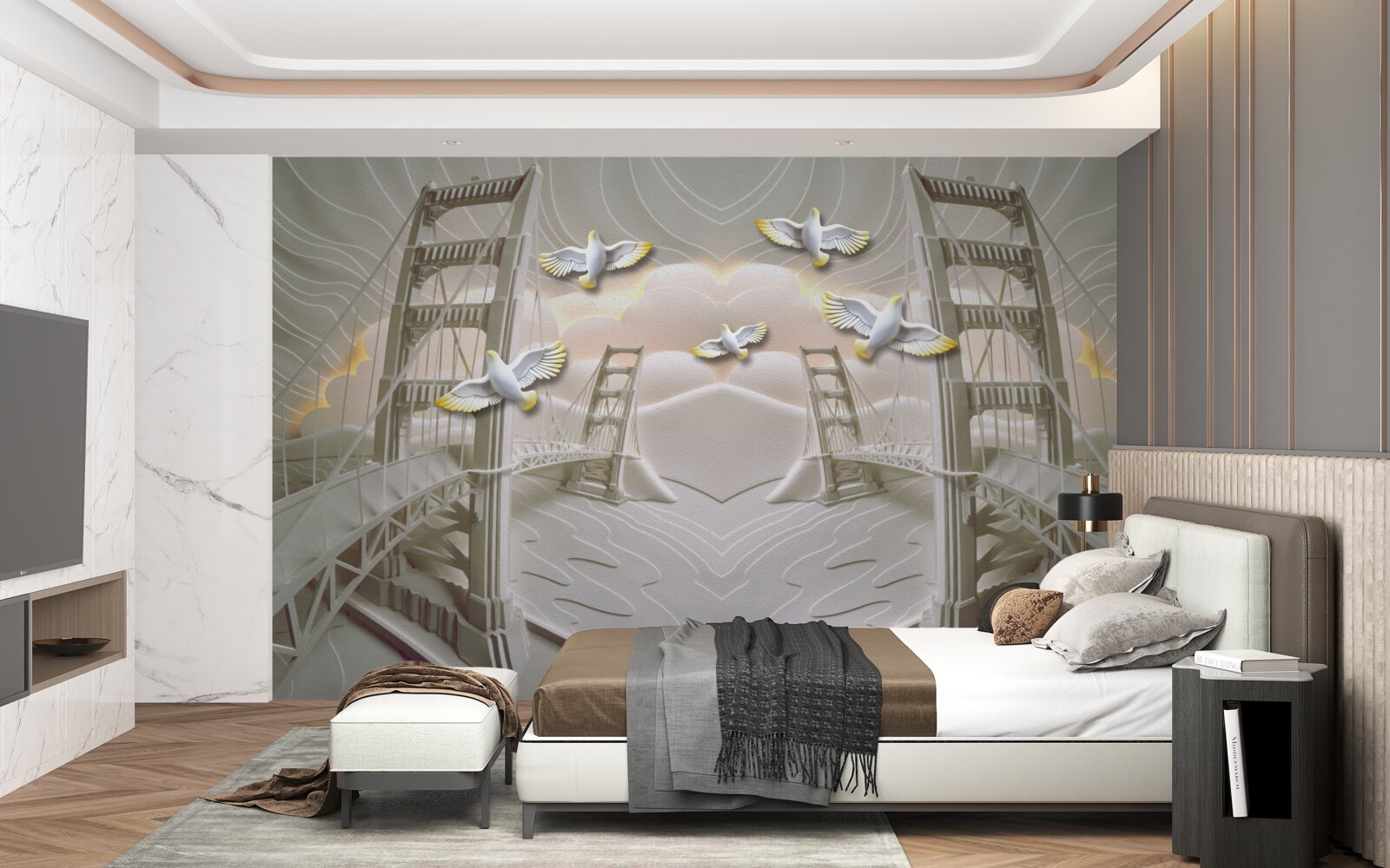 Fotobehang weerspiegeling van zwanen over bruggen