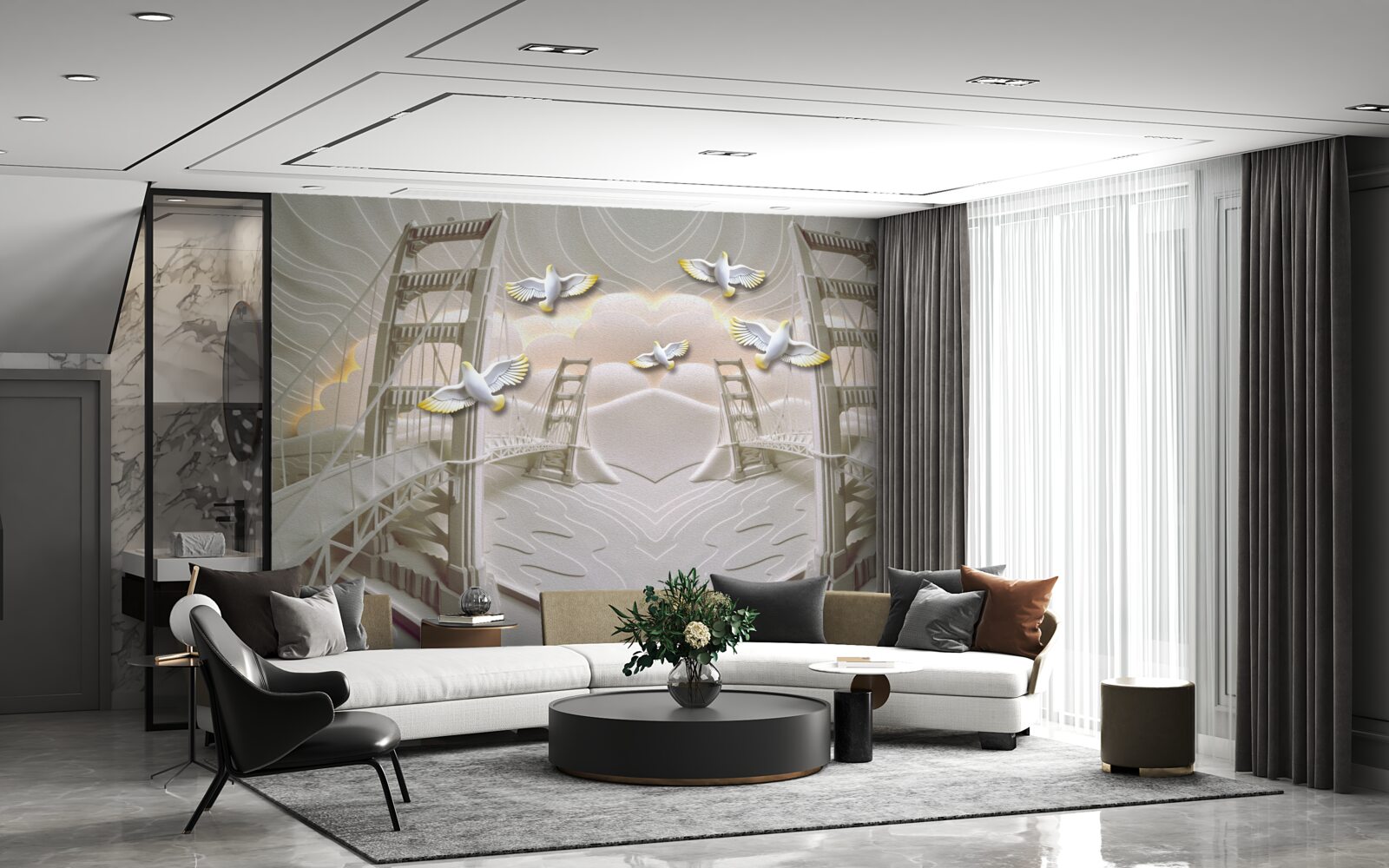 Fotobehang weerspiegeling van zwanen over bruggen